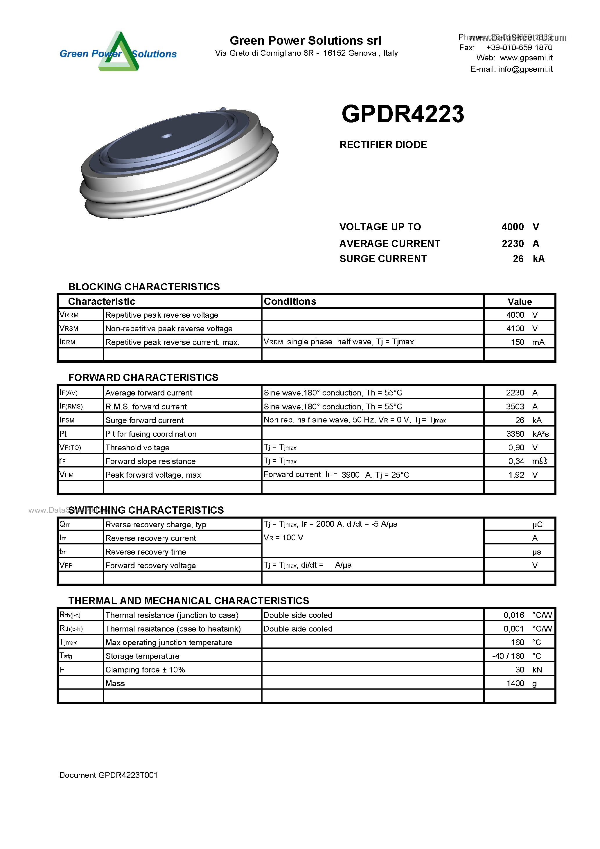 Datasheet GPDR4223 page 1 Datasheet GPDR4223 - RECTIFIER DIODE page 1