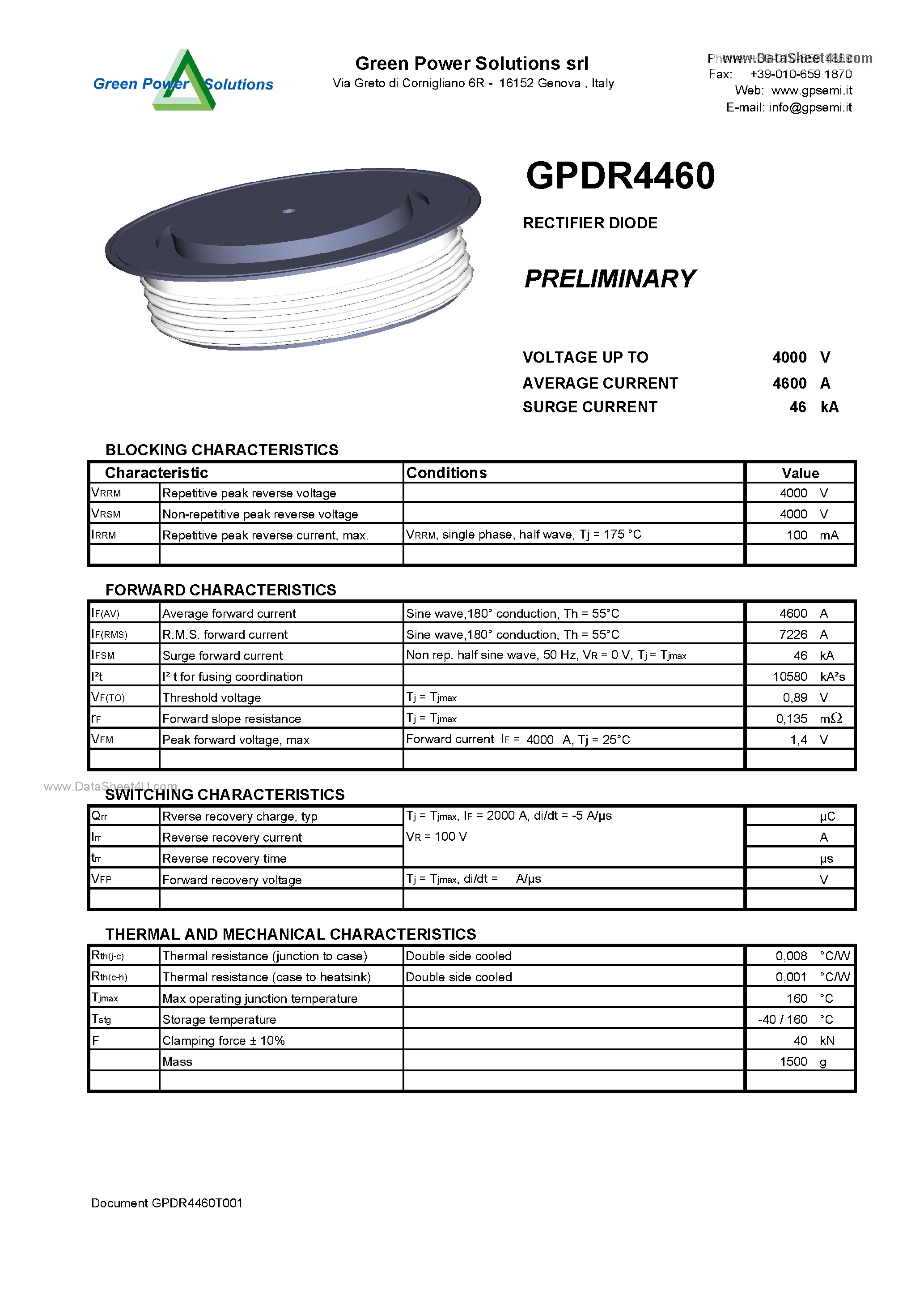 Datasheet GPDR4460 page 1 Datasheet GPDR4460 - RECTIFIER DIODE page 1