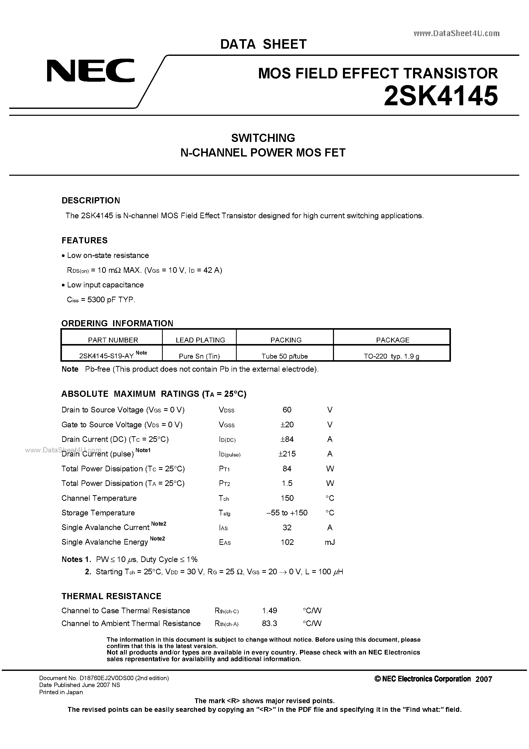 Datasheet 2SK4145 - SWITCHING N-CHANNEL POWER MOS FET page 1