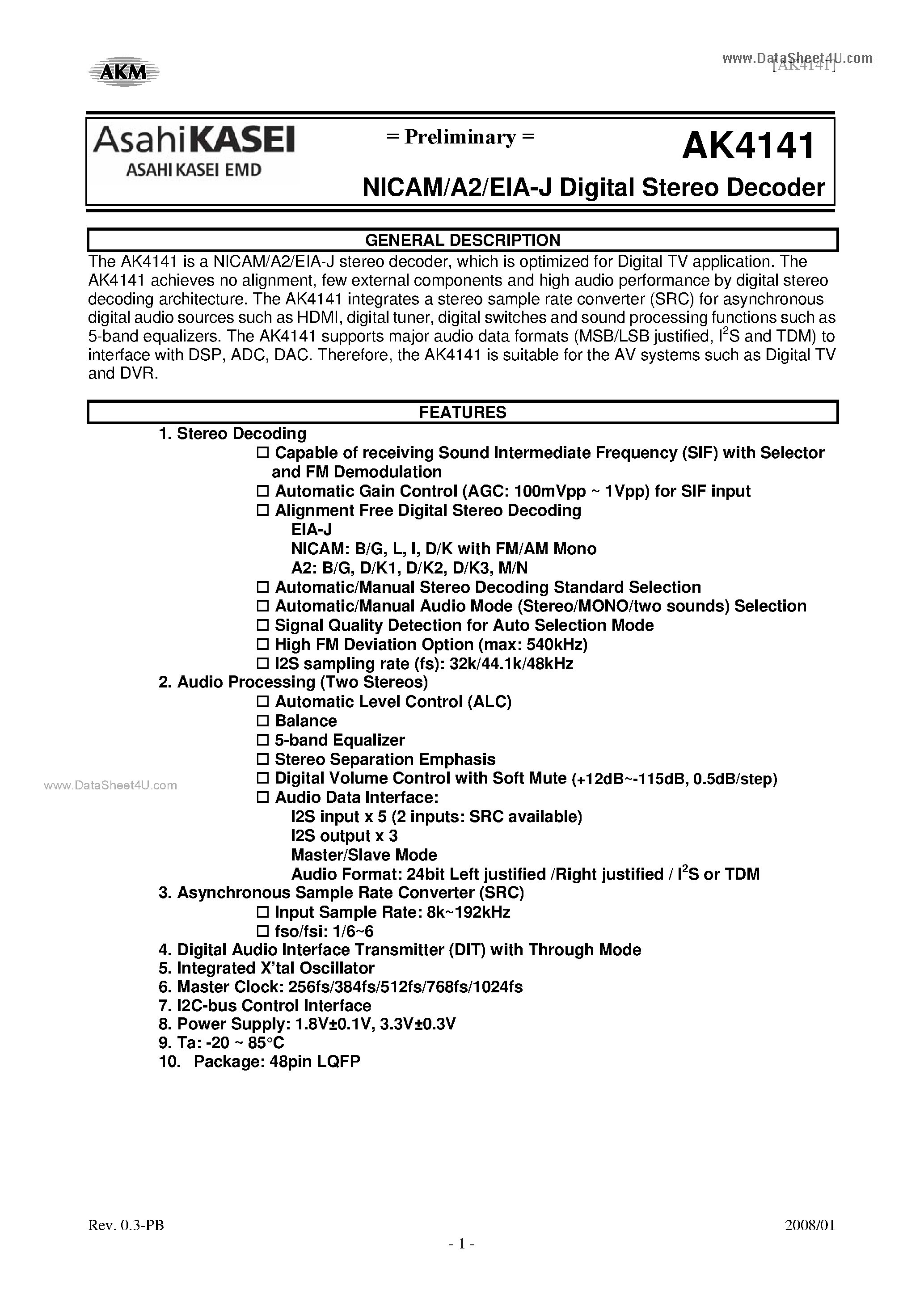 Datasheet AK4141 - NICAM/A2/EIA-J Digital Stereo Decoder page 1