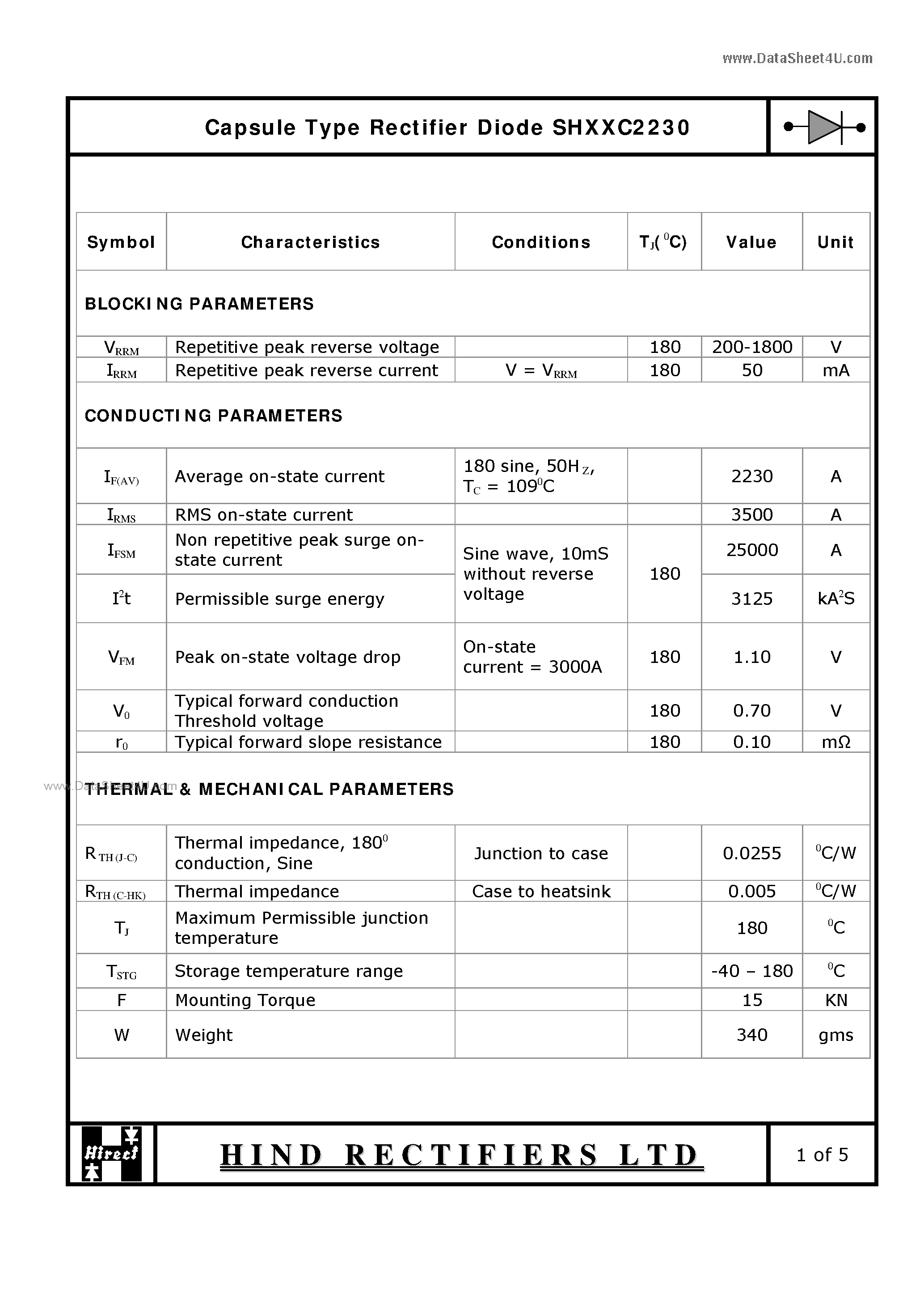 Datasheet SHXXC2230 - Capsule Type Rectifier Diode page 1