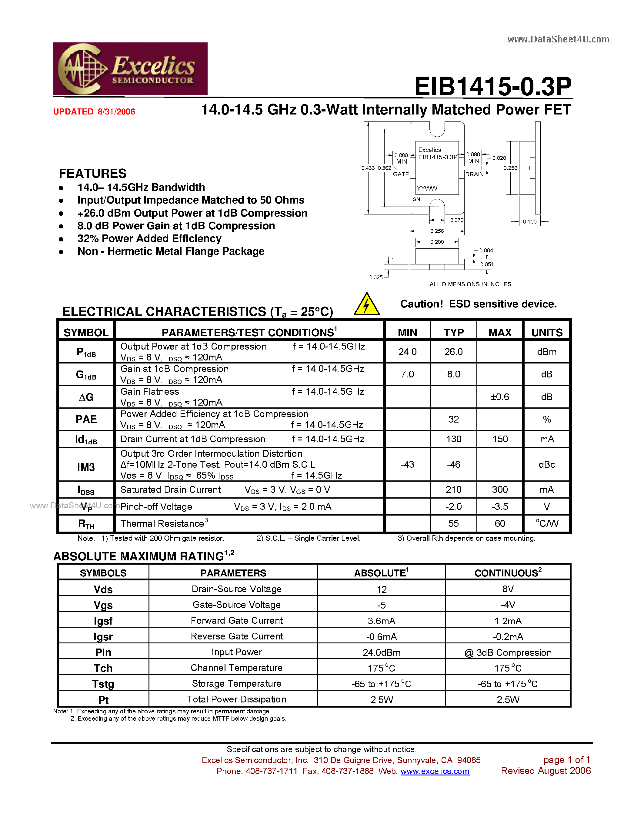 Даташит EIB1415-0.3P - Internally Matched Power FET страница 1
