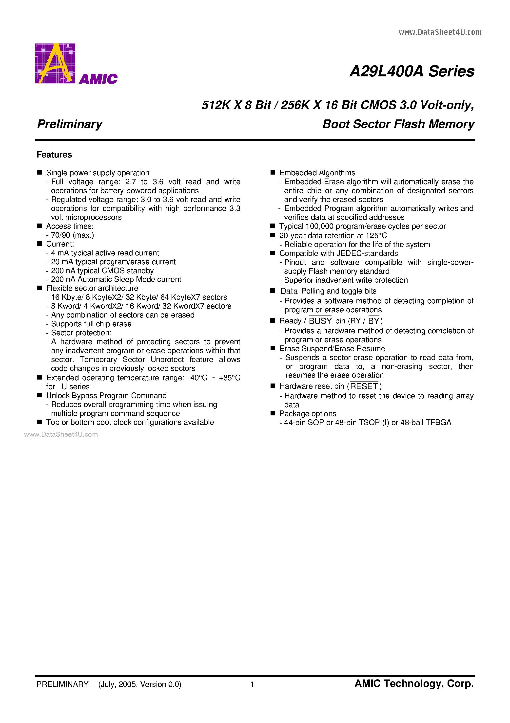 Datasheet A29L400A page 2 Datasheet A29L400A - 512K X 8 Bit / 256K X 16 Bit CMOS 3.0 Volt-only page 2