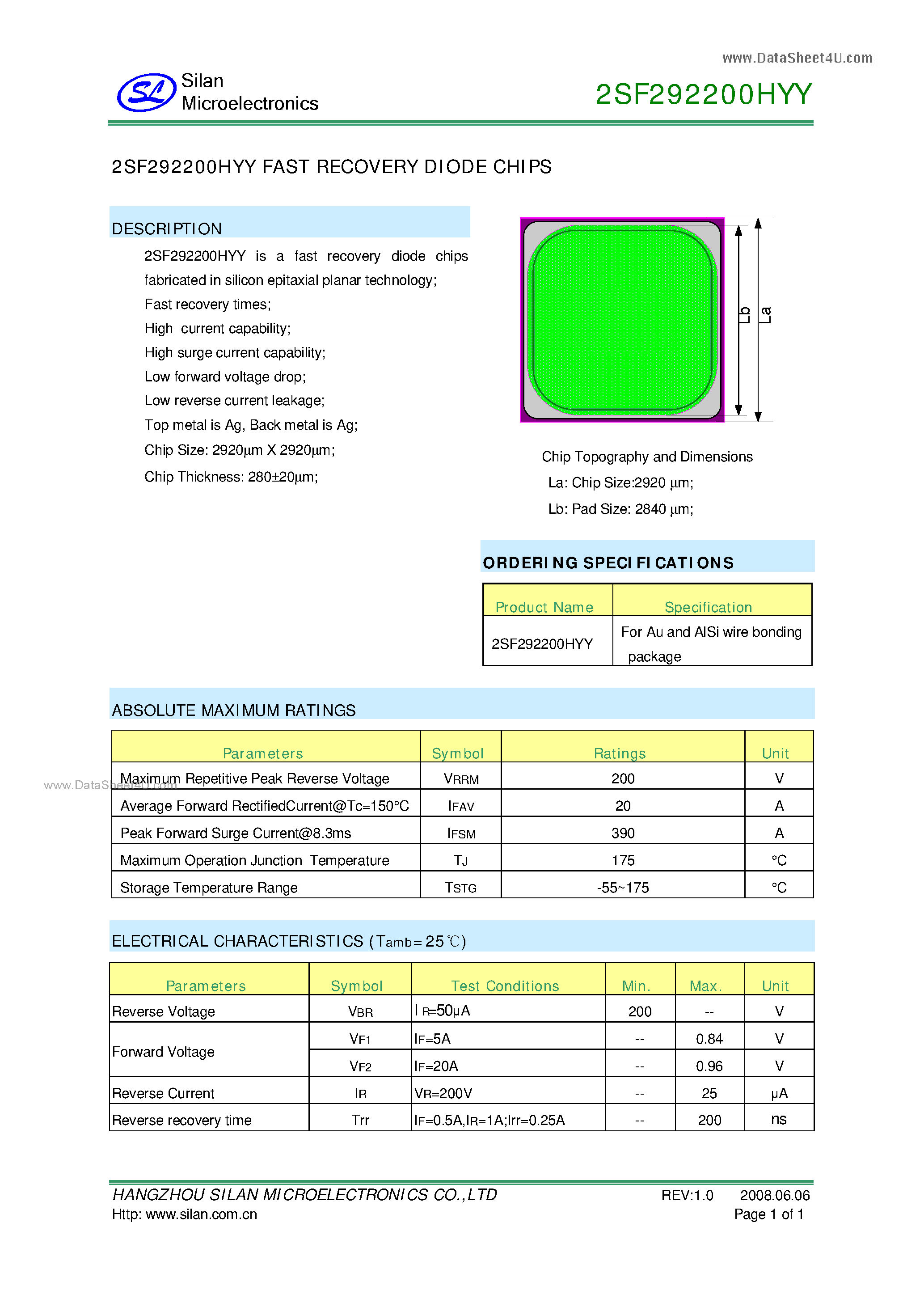 Datasheet 2SF292200HYY page 1 Datasheet 2SF292200HYY - FAST RECOVERY DIODE CHIPS page 1