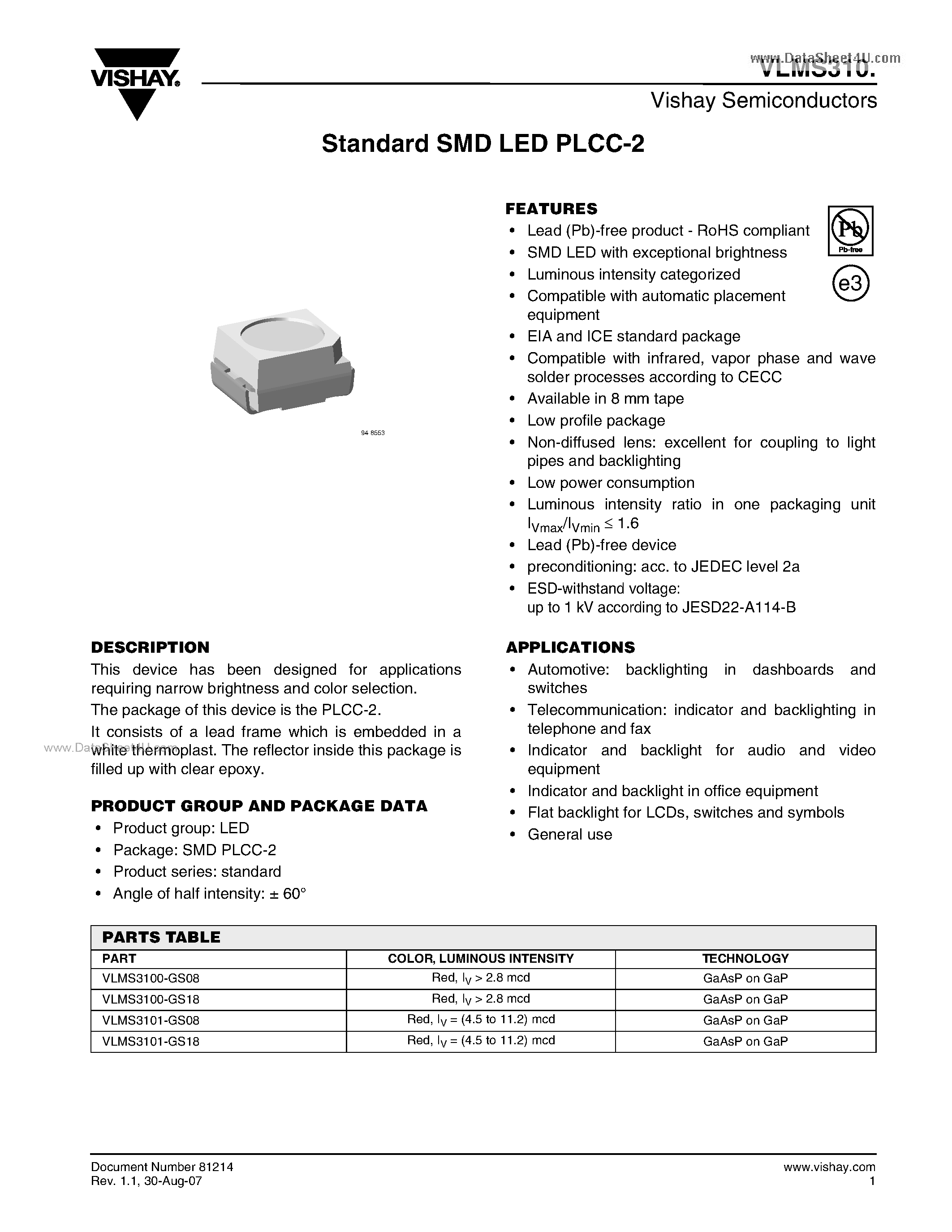 Datasheet VLMS310 - Standard SMD LED PLCC-2 page 1