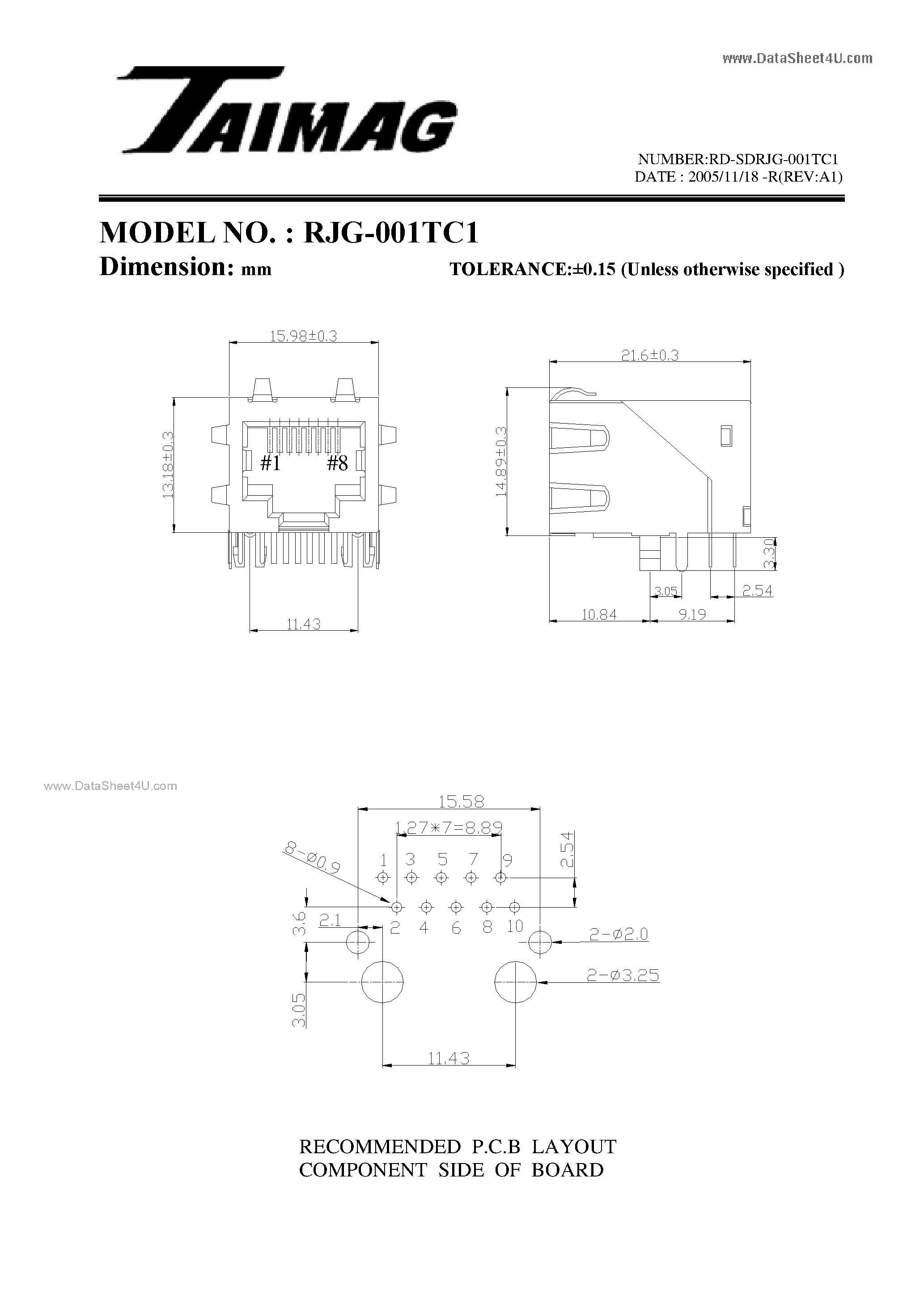 Даташит на микросхему RJG-001TC1 страница 2 Даташит RJG-001TC1 - Single 10/100/1000 BASE-TX Filtered Connector Module страница 2