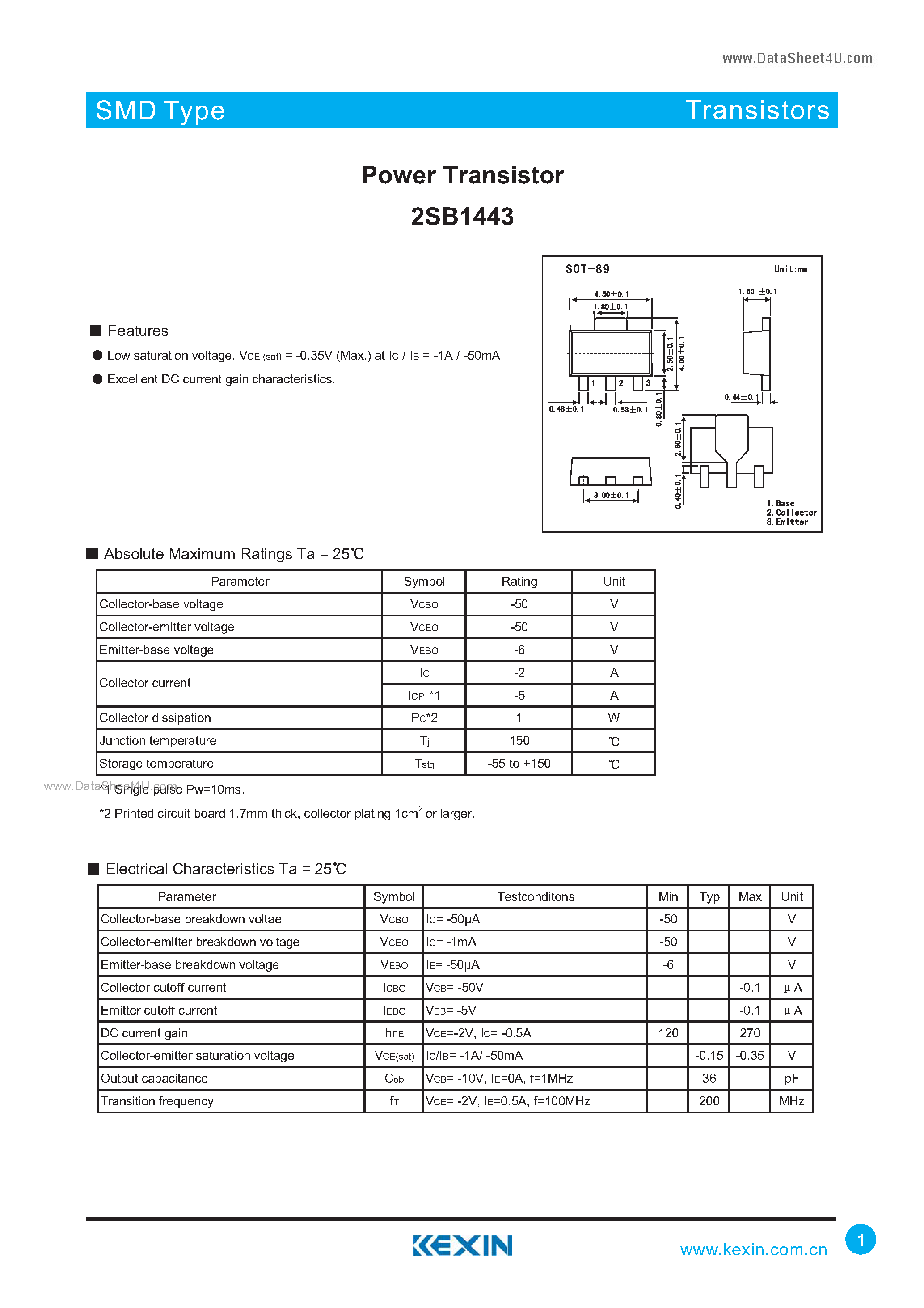 Datasheet 2SB1443 page 1 Datasheet 2SB1443 - Power Transistor page 1