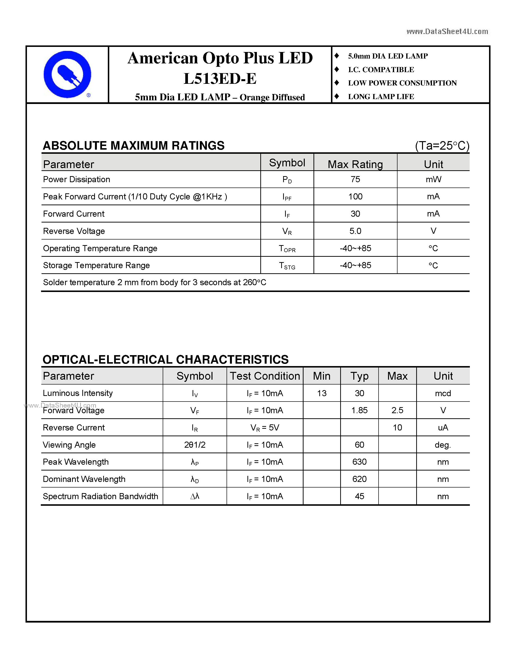 Даташит на микросхему L513ED-E страница 2 Даташит L513ED-E - 5mm Dia LED LAMP - Orange Diffused страница 2