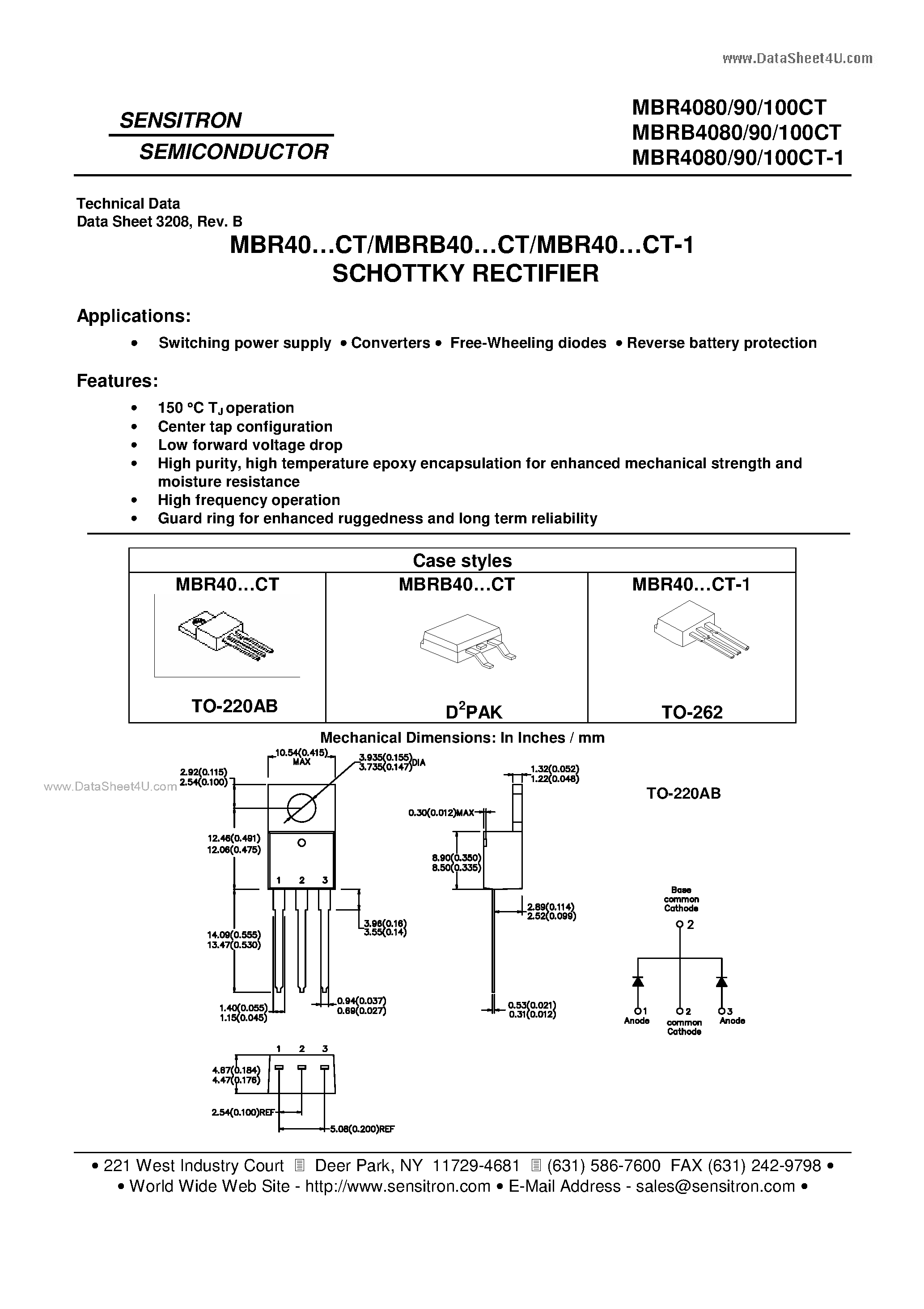 Даташит MBRB40100CT - SCHOTTKY RECTIFIER страница 1