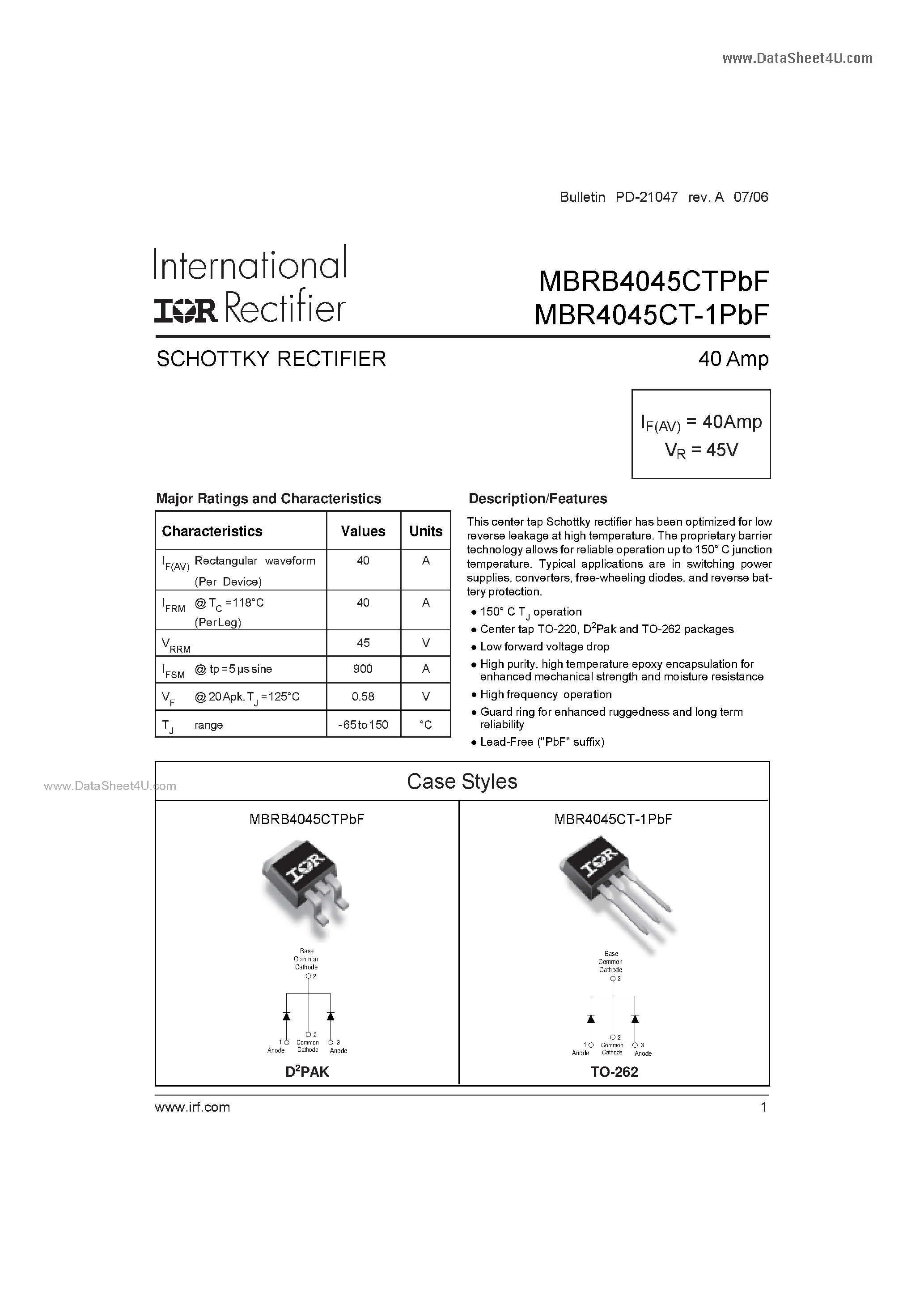 Datasheet MBRB4045CTPBF - SCHOTTKY RECTIFIER page 1