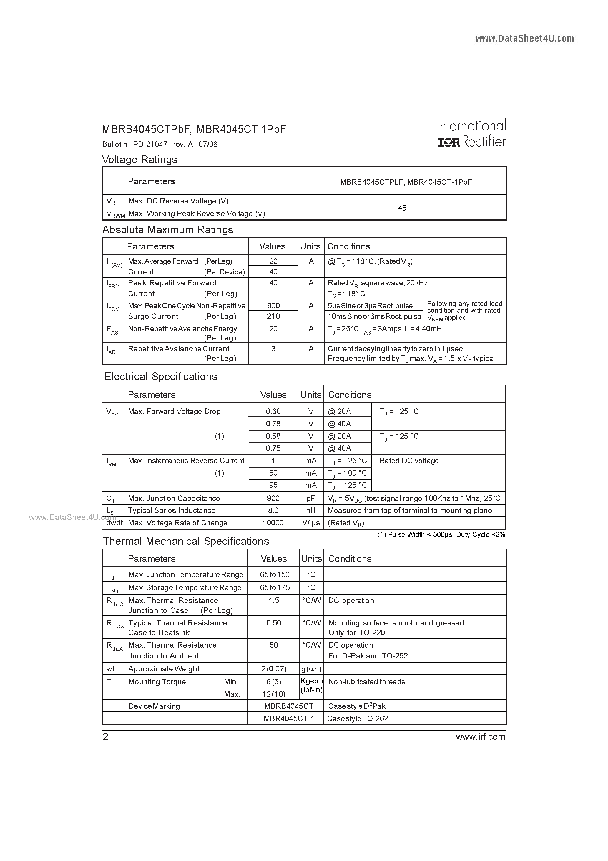 Datasheet MBRB4045CTPBF - SCHOTTKY RECTIFIER page 2