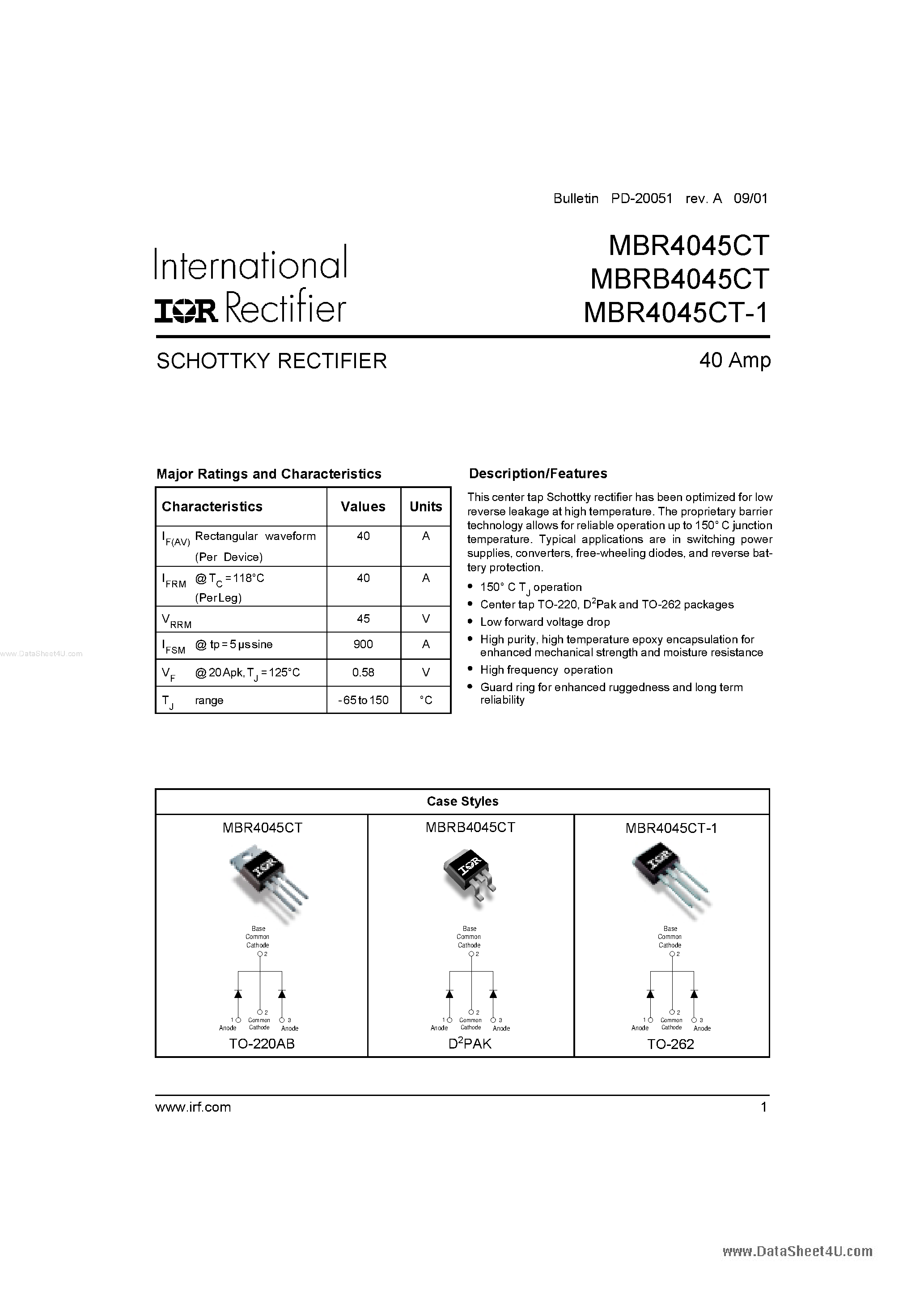 Datasheet MBRB4045CT - SCHOTTKY RECTIFIER page 1