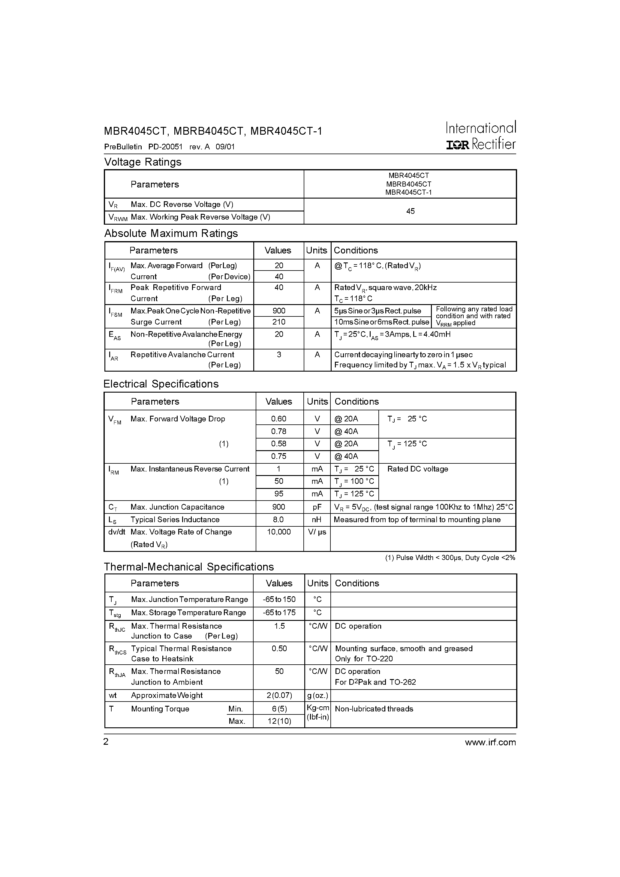 Datasheet MBRB4045CT - SCHOTTKY RECTIFIER page 2