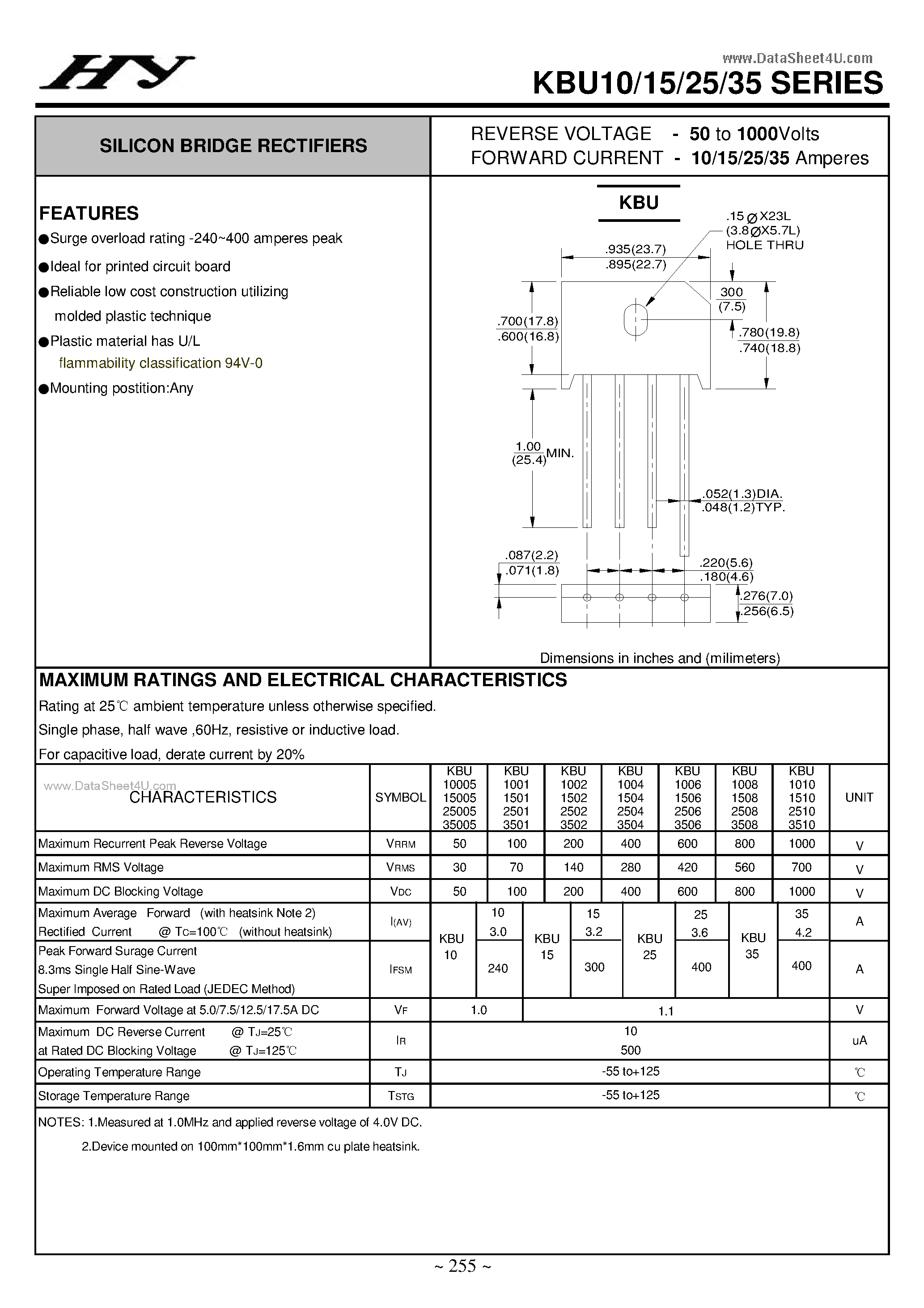 Datasheet KBU10 - (KBUx5) SILICON BRIDGE RECTIFIERS page 1