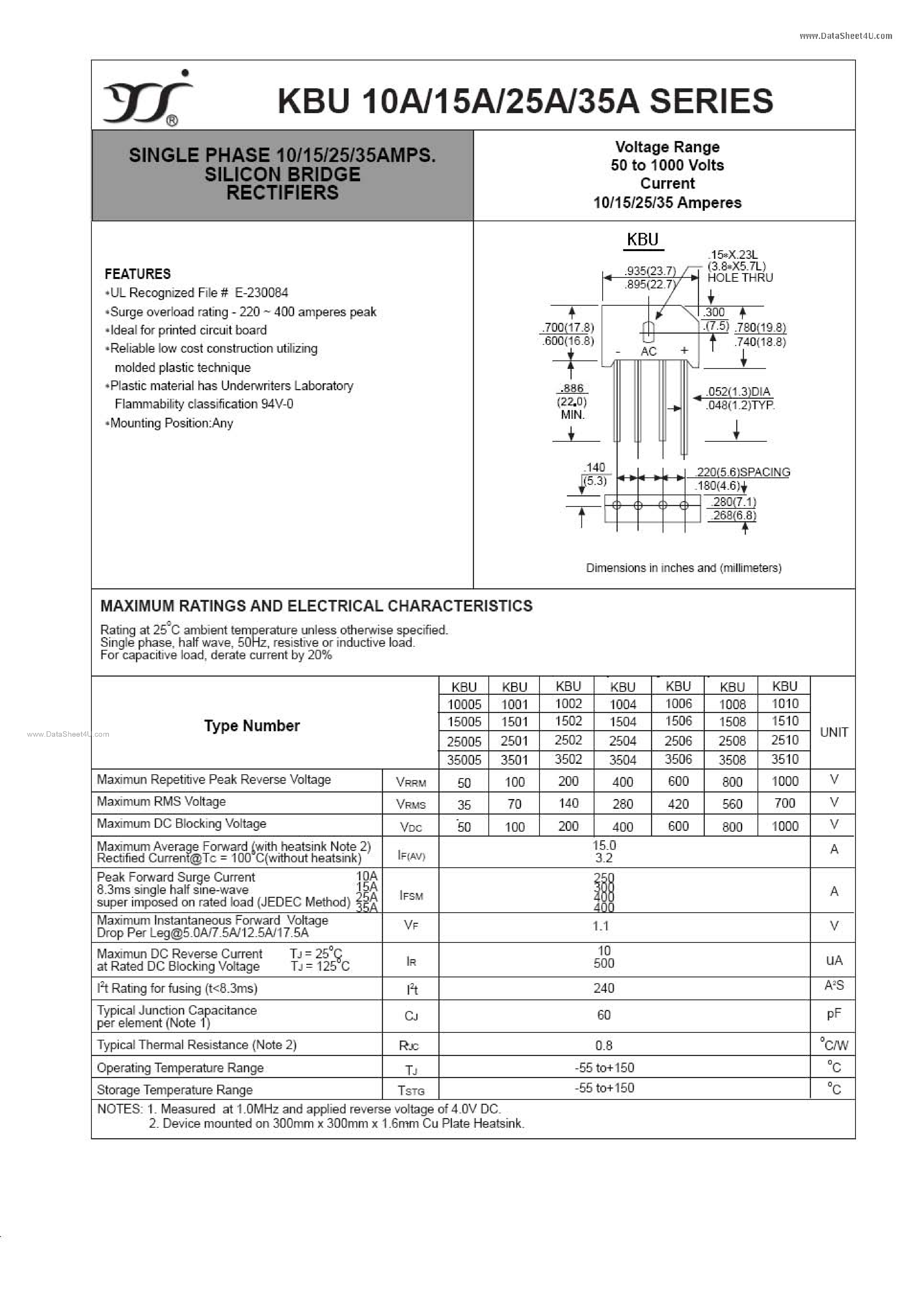Datasheet KBU10A page 1 Datasheet KBU10A - (KBUx5A) SILICON BRIDGE RECTIFIERS page 1