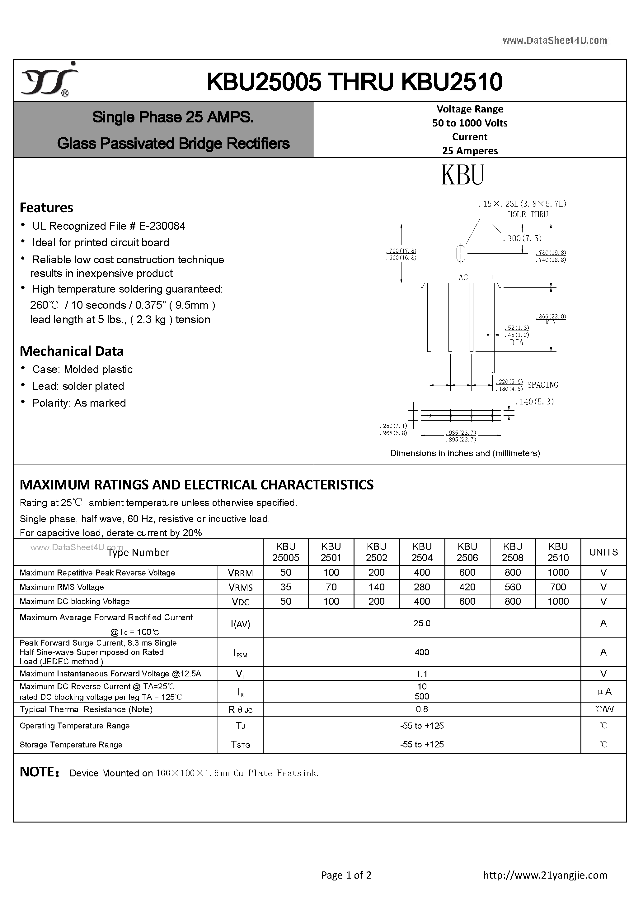 Datasheet KBU25005 - (KBU25005 - KBU2510) SILICON BRIDGE RECTIFIERS page 1