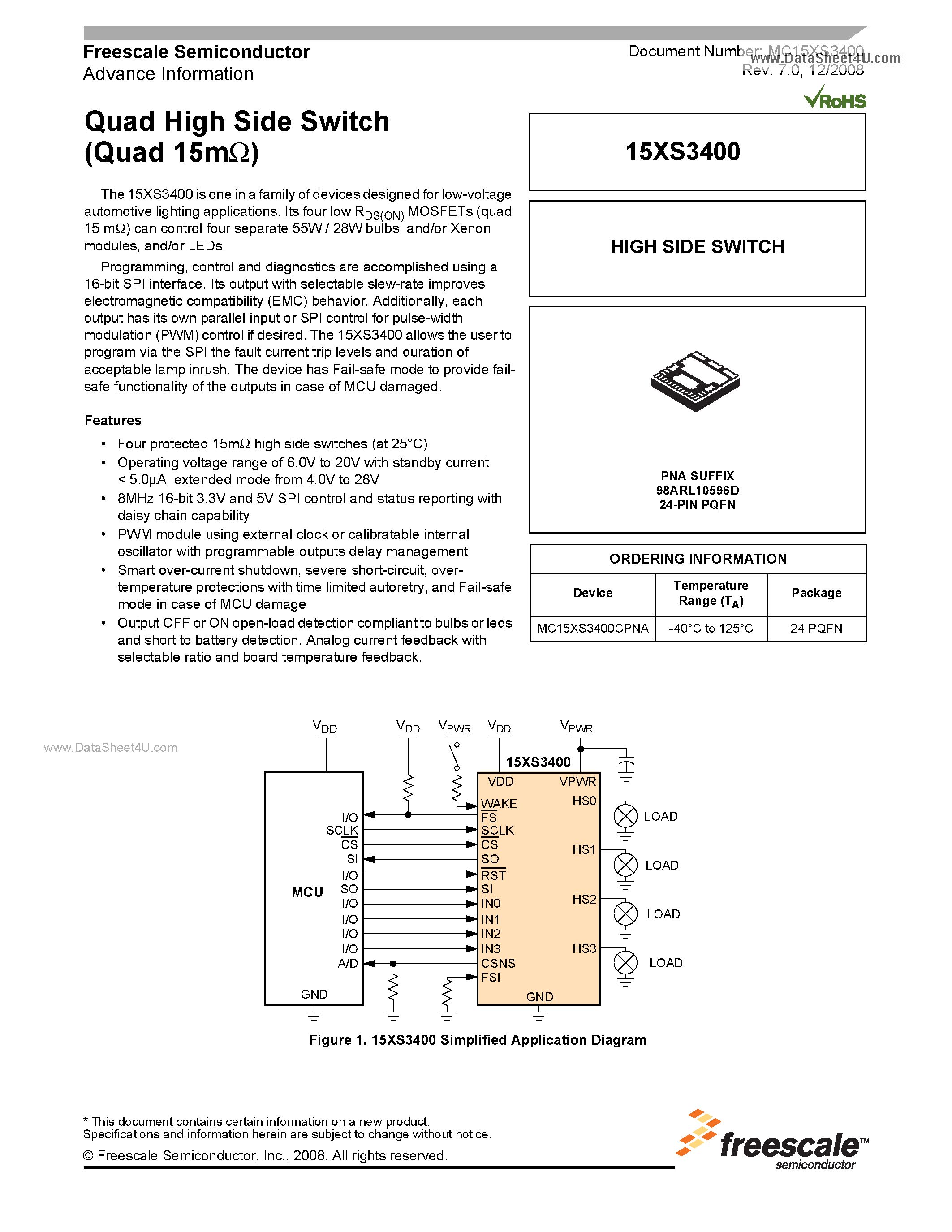 Даташит на микросхему MC15XS3400 страница 1 Даташит MC15XS3400 - Quad High Side Switch страница 1