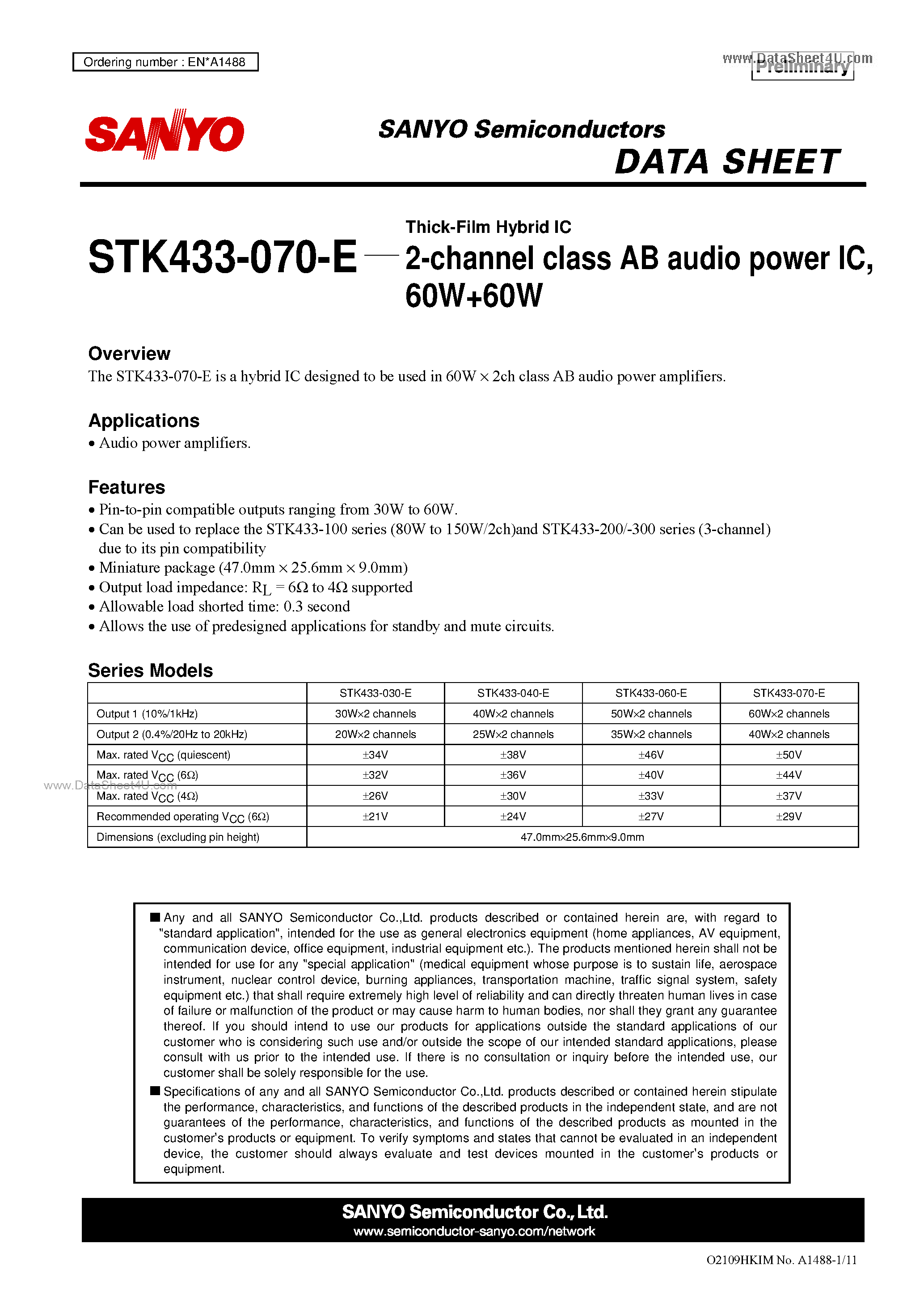 Datasheet STK433-070-E - 2-channel class AB audio power IC page 1