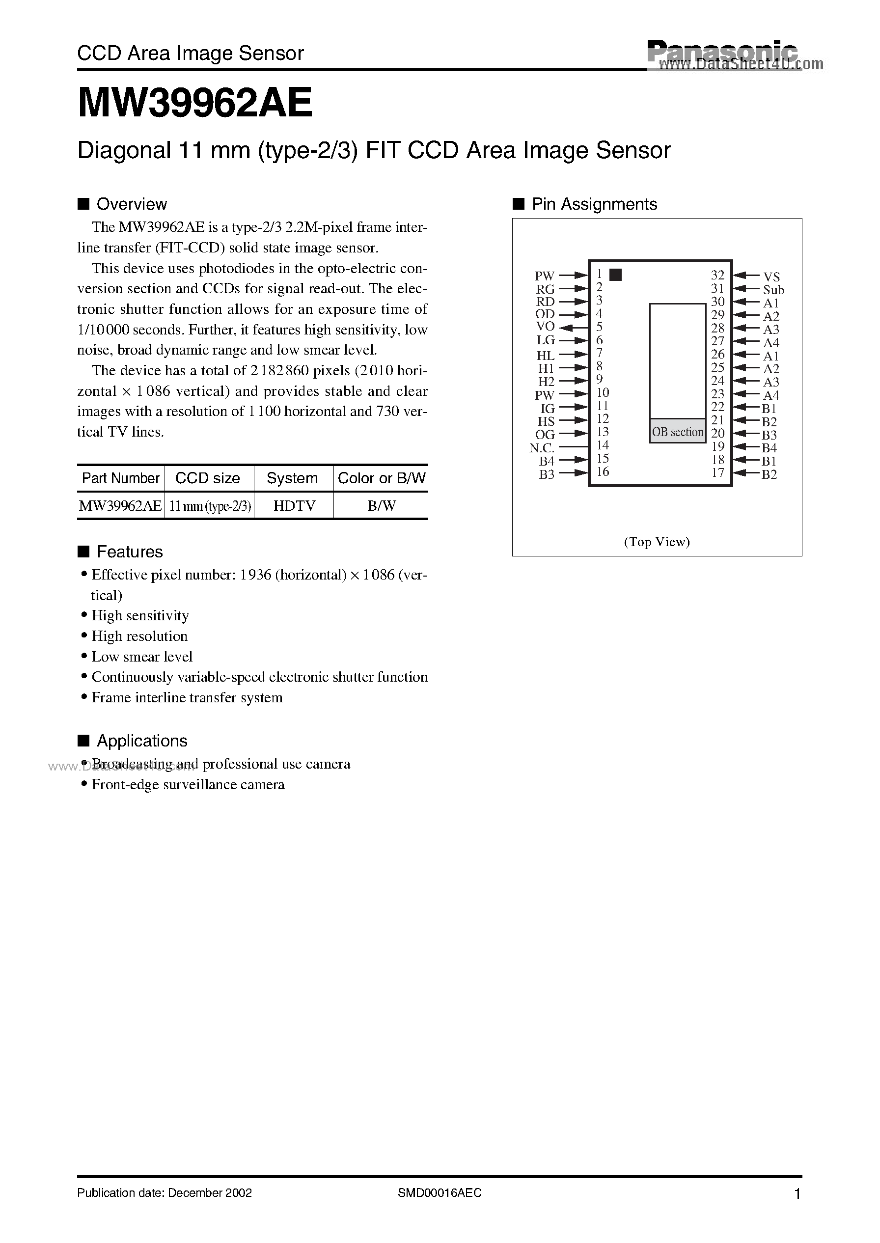 Datasheet MW39962AE - Diagonal 11 mm (type-2/3) FIT CCD Area Image Sensor page 1