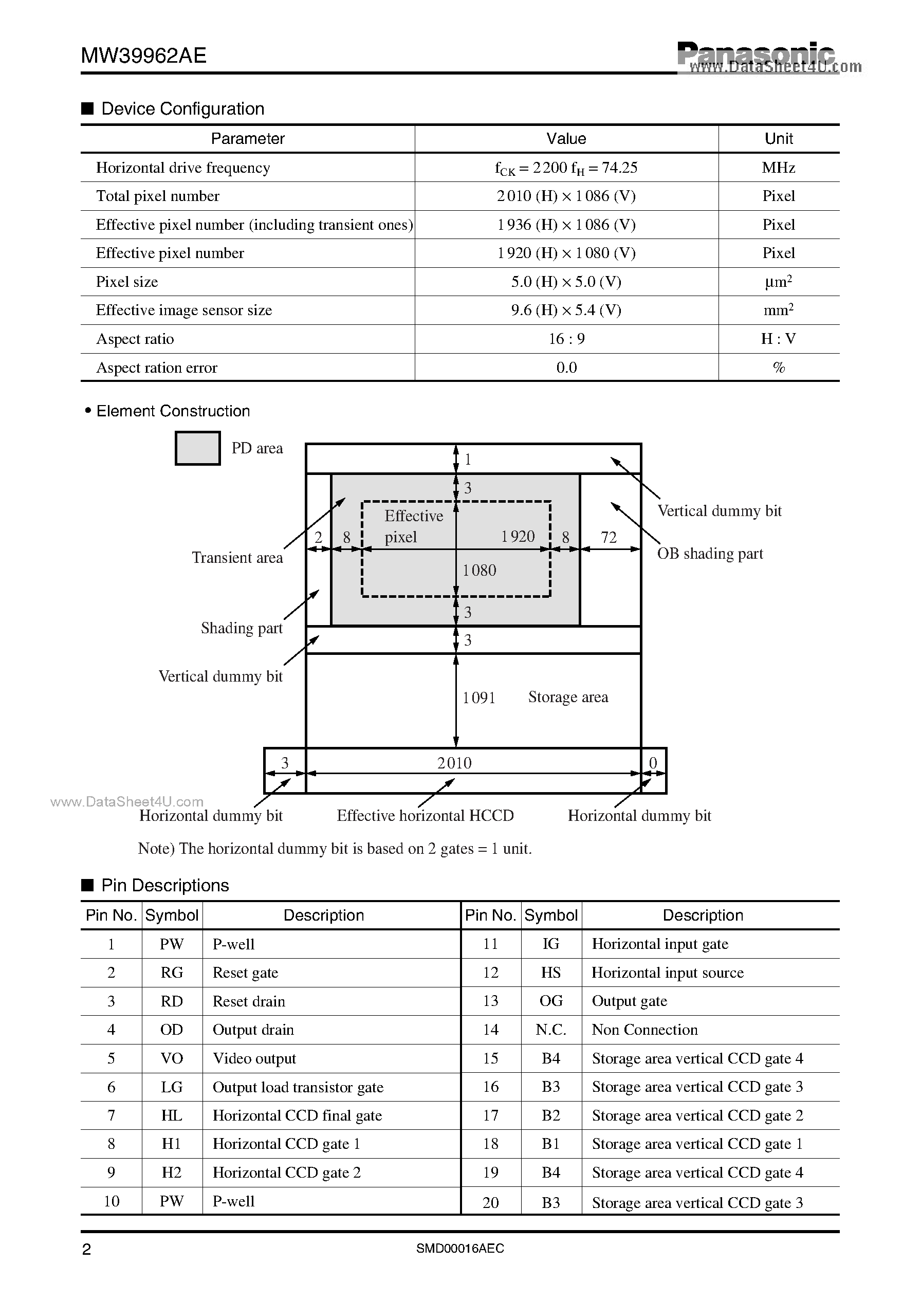 Datasheet MW39962AE - Diagonal 11 mm (type-2/3) FIT CCD Area Image Sensor page 2