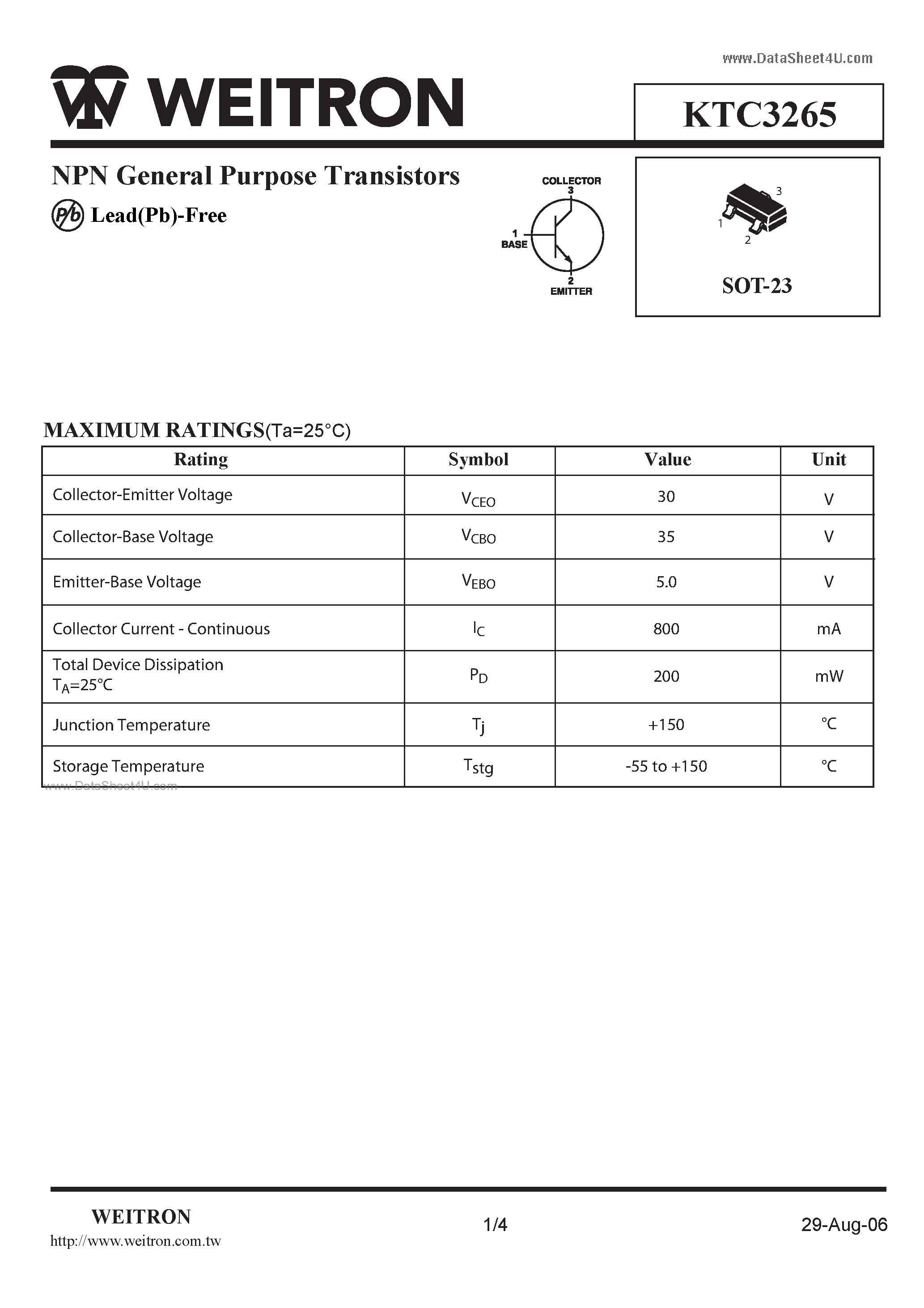 Даташит KTC3265 - NPN General Purpose Transistors страница 1
