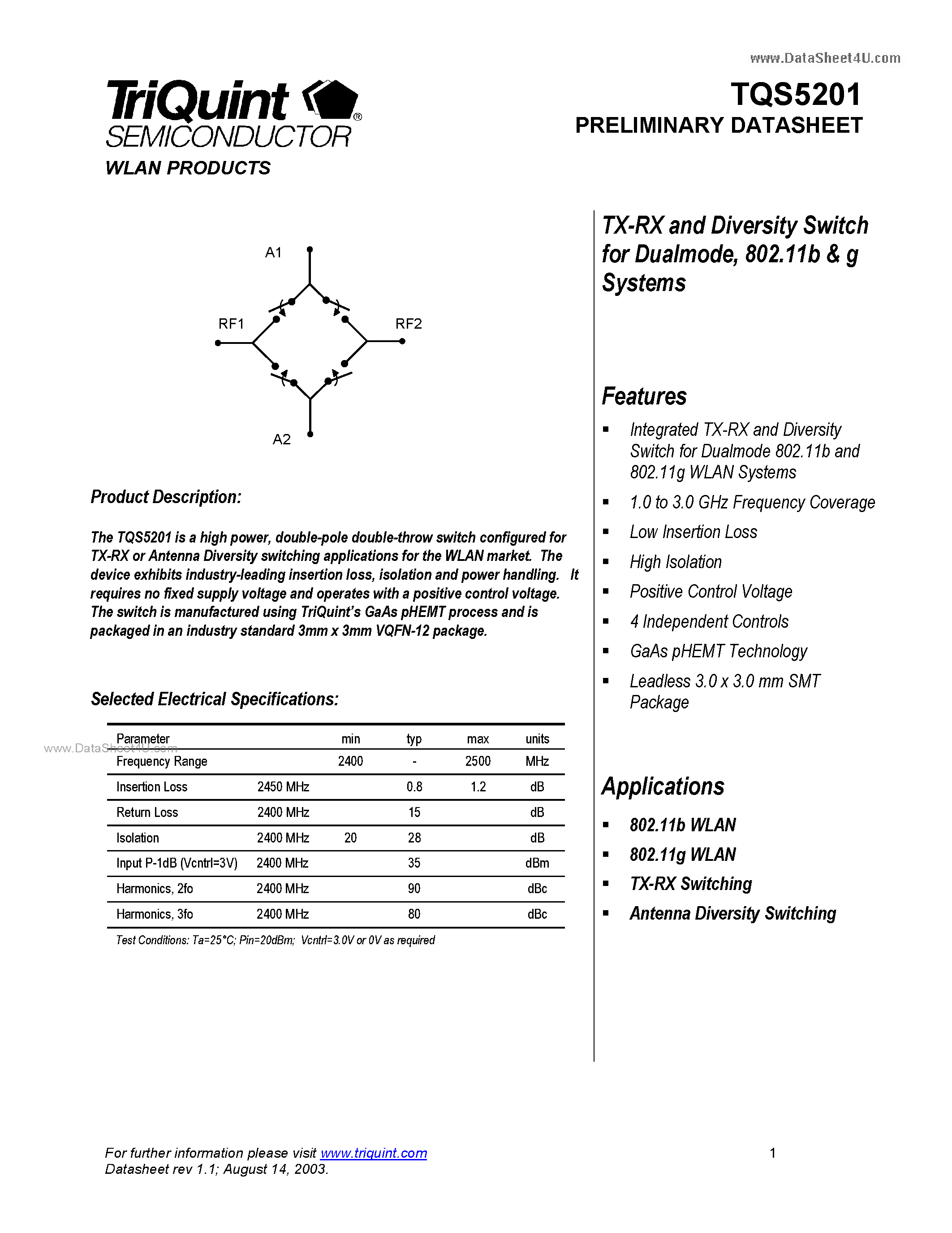Datasheet TQS5201 page 1 Datasheet TQS5201 - TX-RX and Diversity Switch page 1