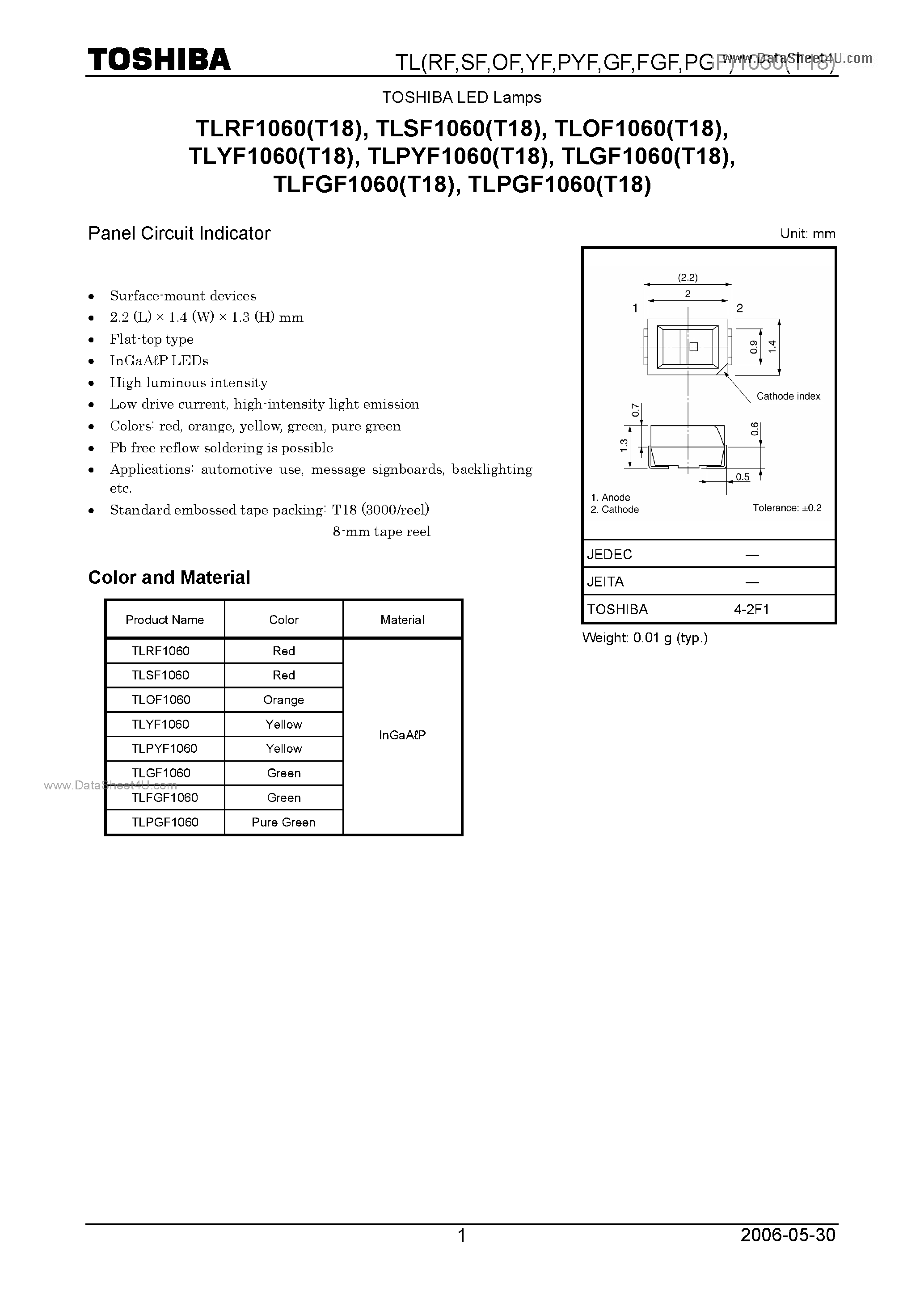 Datasheet TLPYF1060 page 1 Datasheet TLPYF1060 - Panel Circuit Indicator page 1