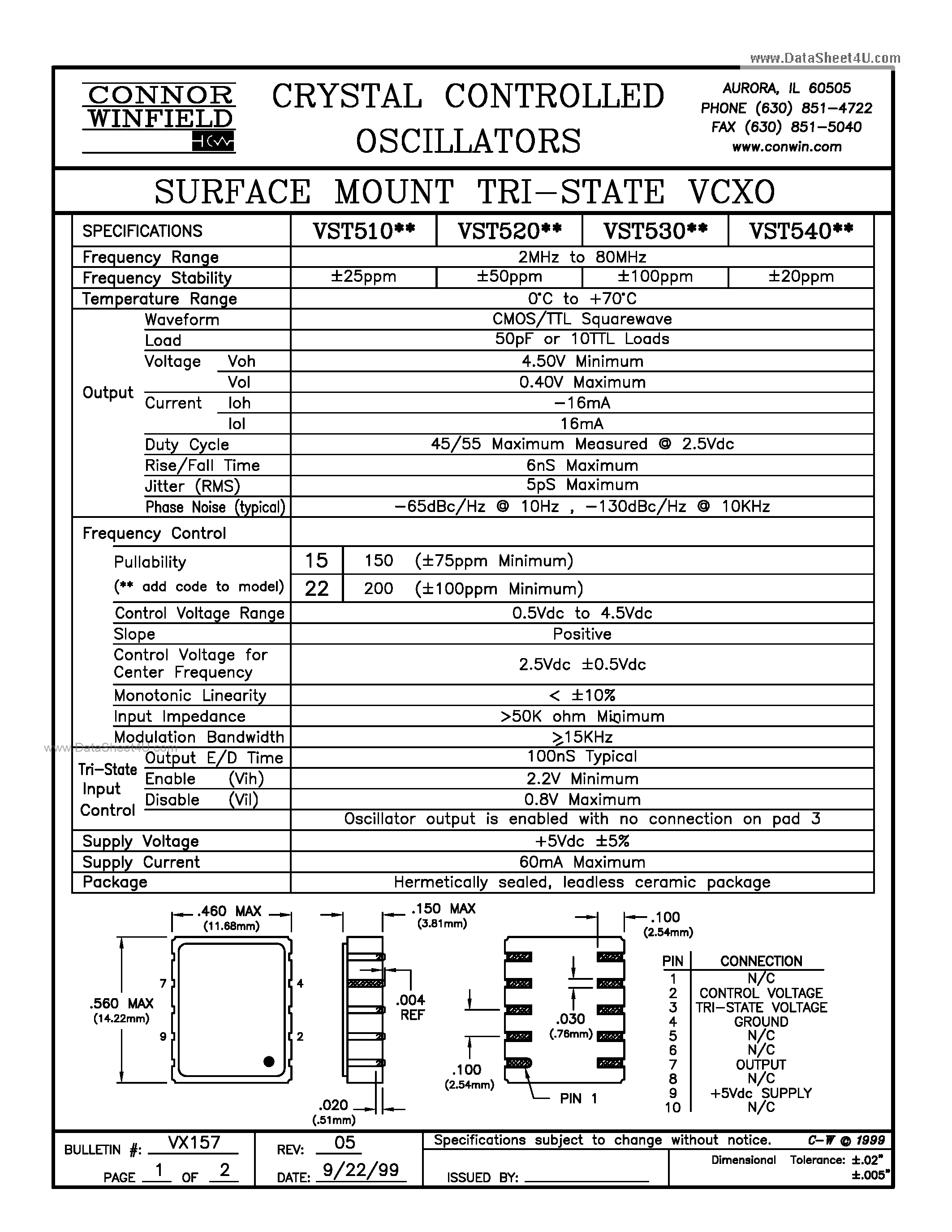 Даташит VST510xx - (VST510xx - VST540xx) SURFACE MOUNT TRI-STATE VCXO страница 1
