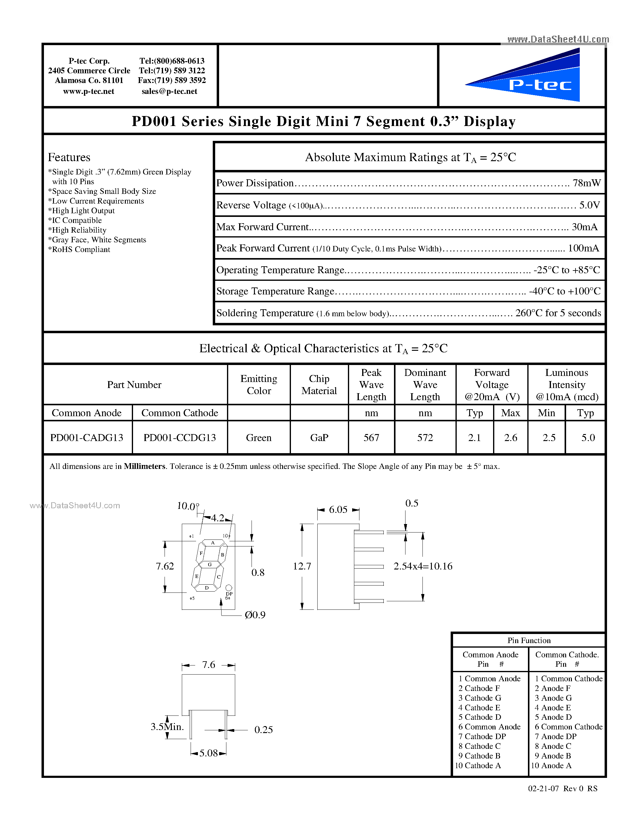 Даташит на микросхему PD001 страница 1 Даташит PD001 - Single Digit Mini 7 Segment 0.3" Display страница 1