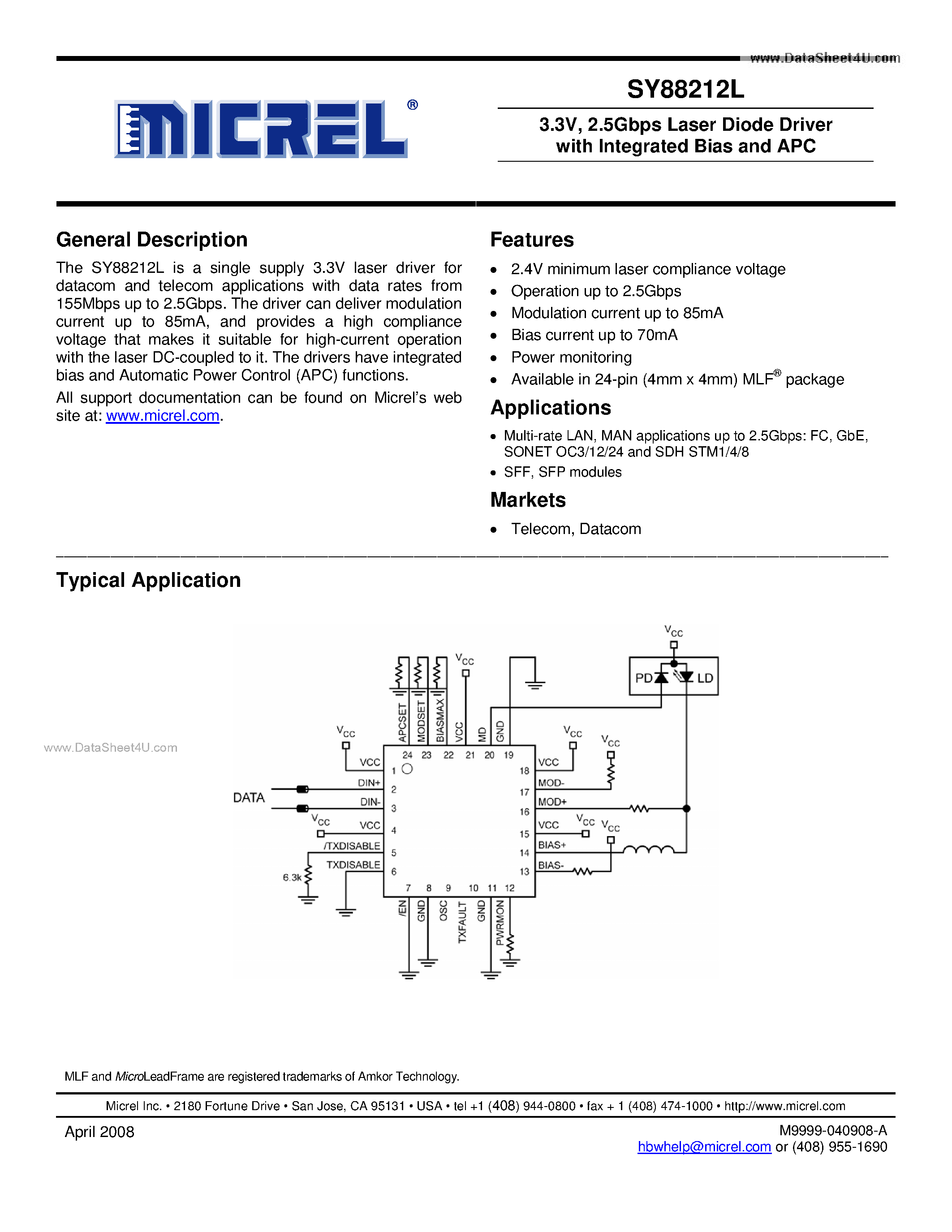 Datasheet SY88212L - 2.5Gbps Laser Diode Driver page 1