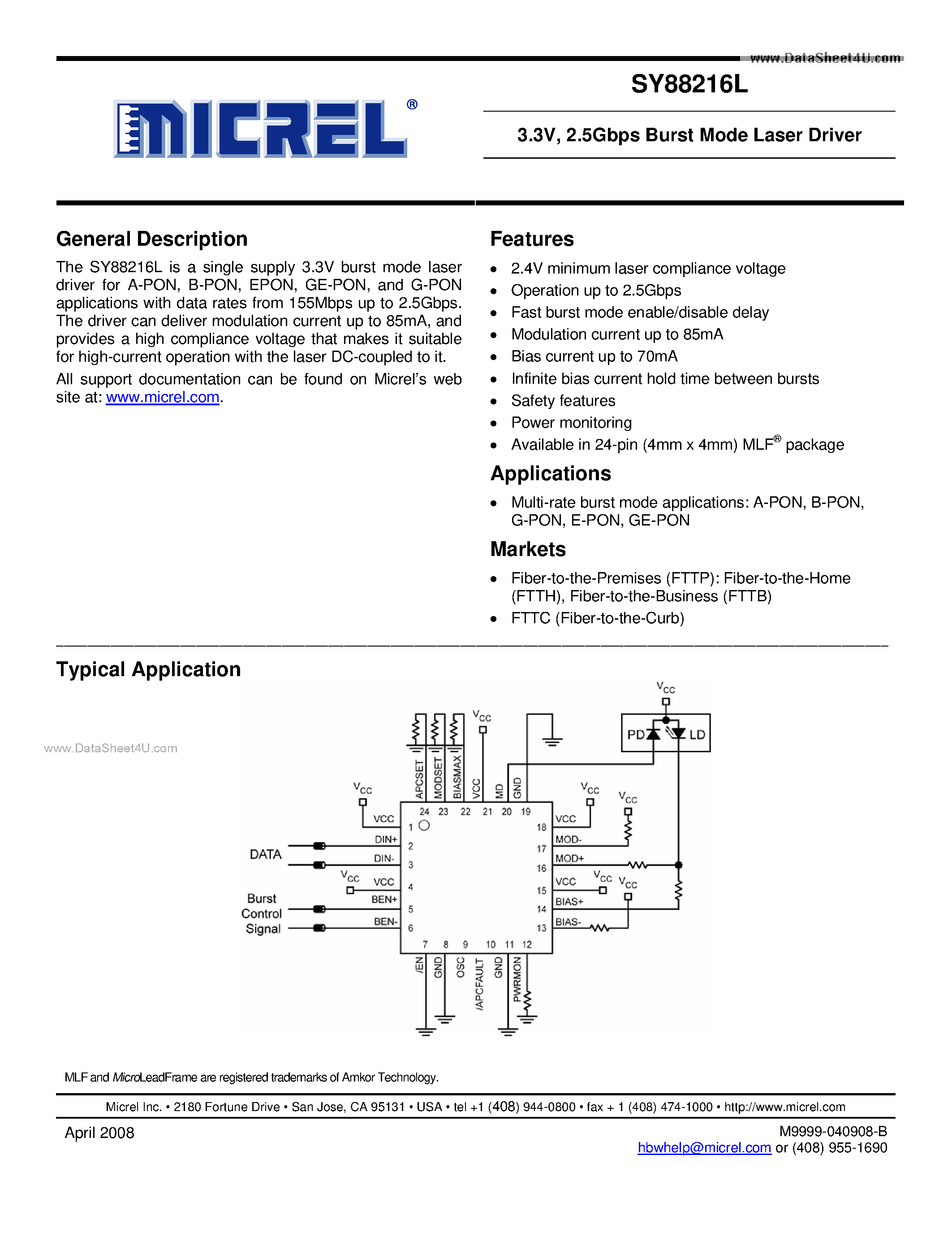 Datasheet SY88216L - 2.5Gbps Burst Mode Laser Driver page 1