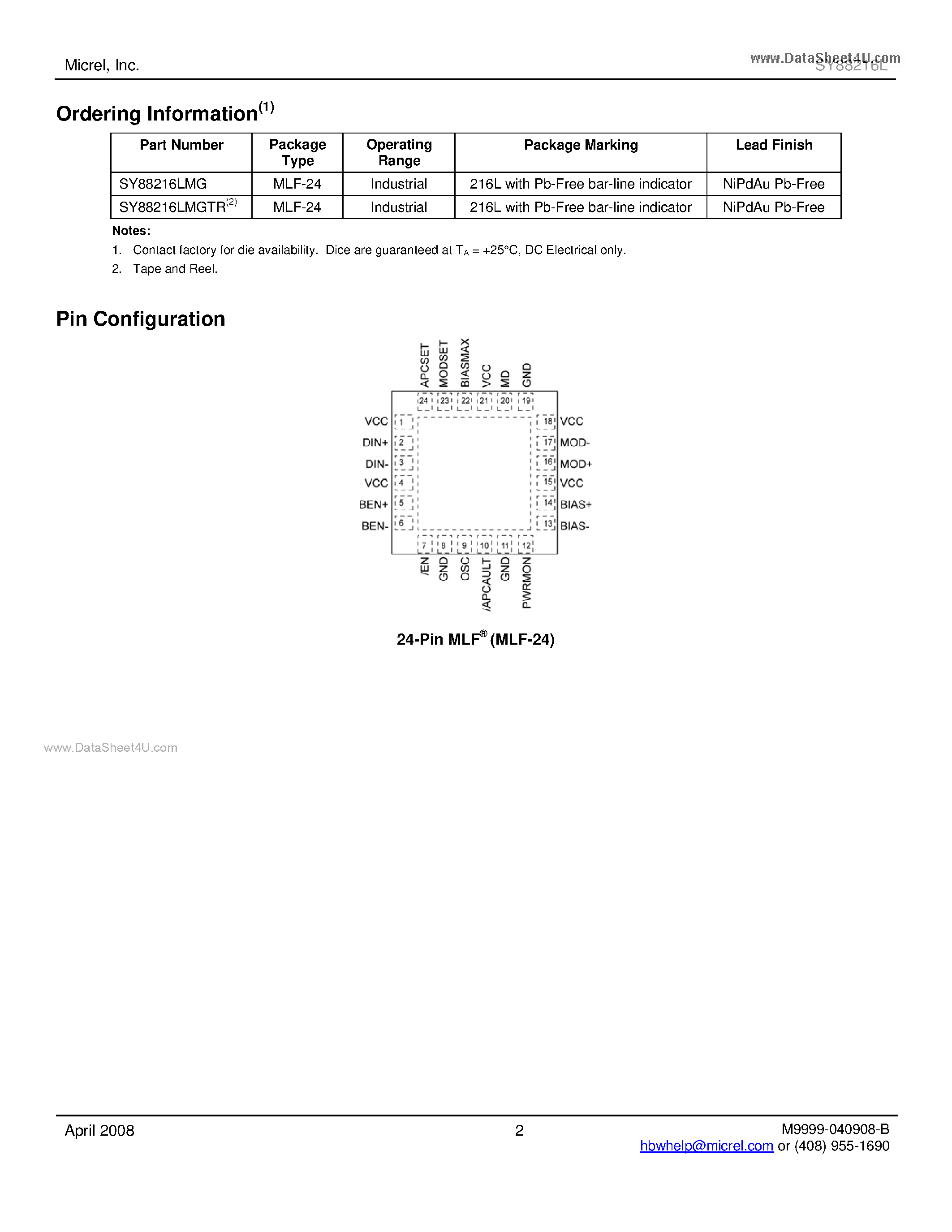 Datasheet SY88216L - 2.5Gbps Burst Mode Laser Driver page 2