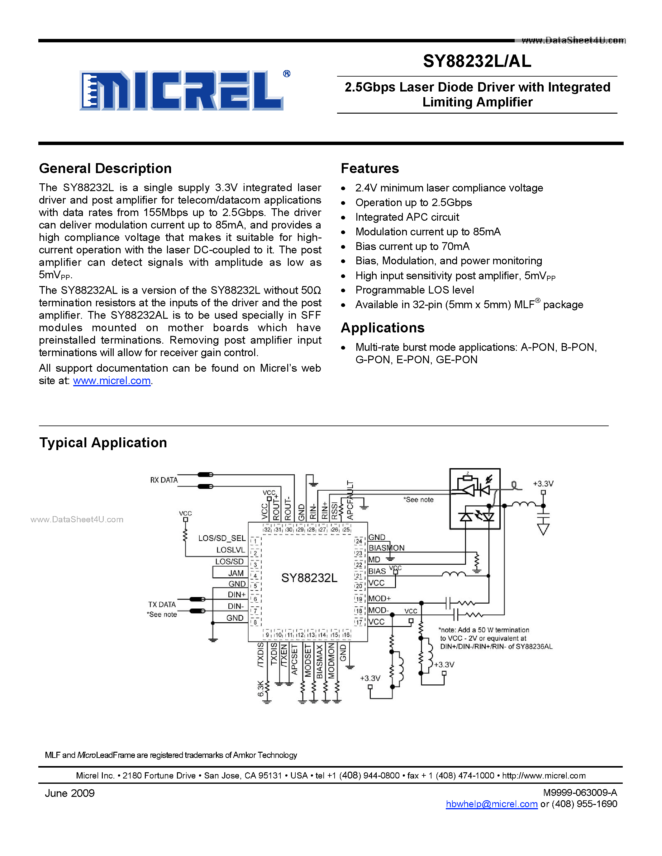 Datasheet SY88232AL - 2.5Gbps Laser Diode Driver page 1