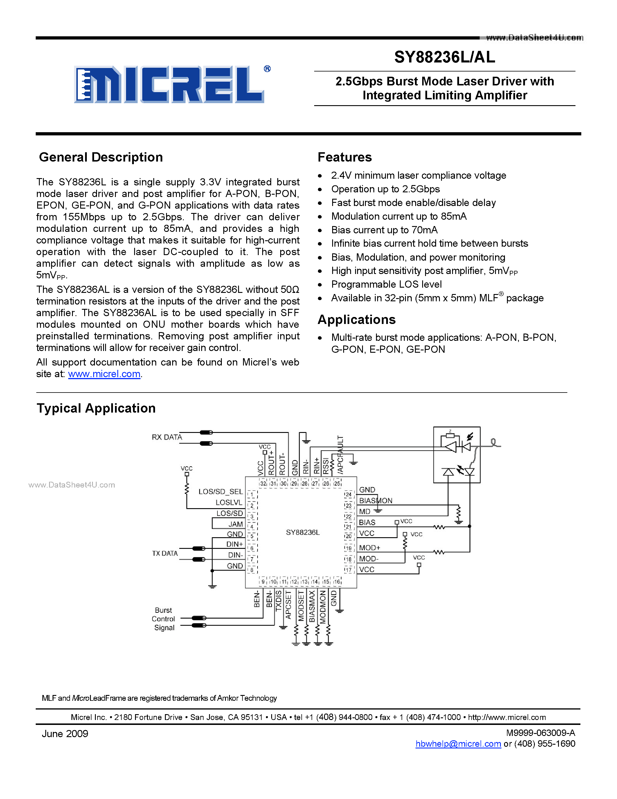 Datasheet SY88236AL - 2.5Gbps Burst Mode Laser Driver page 1