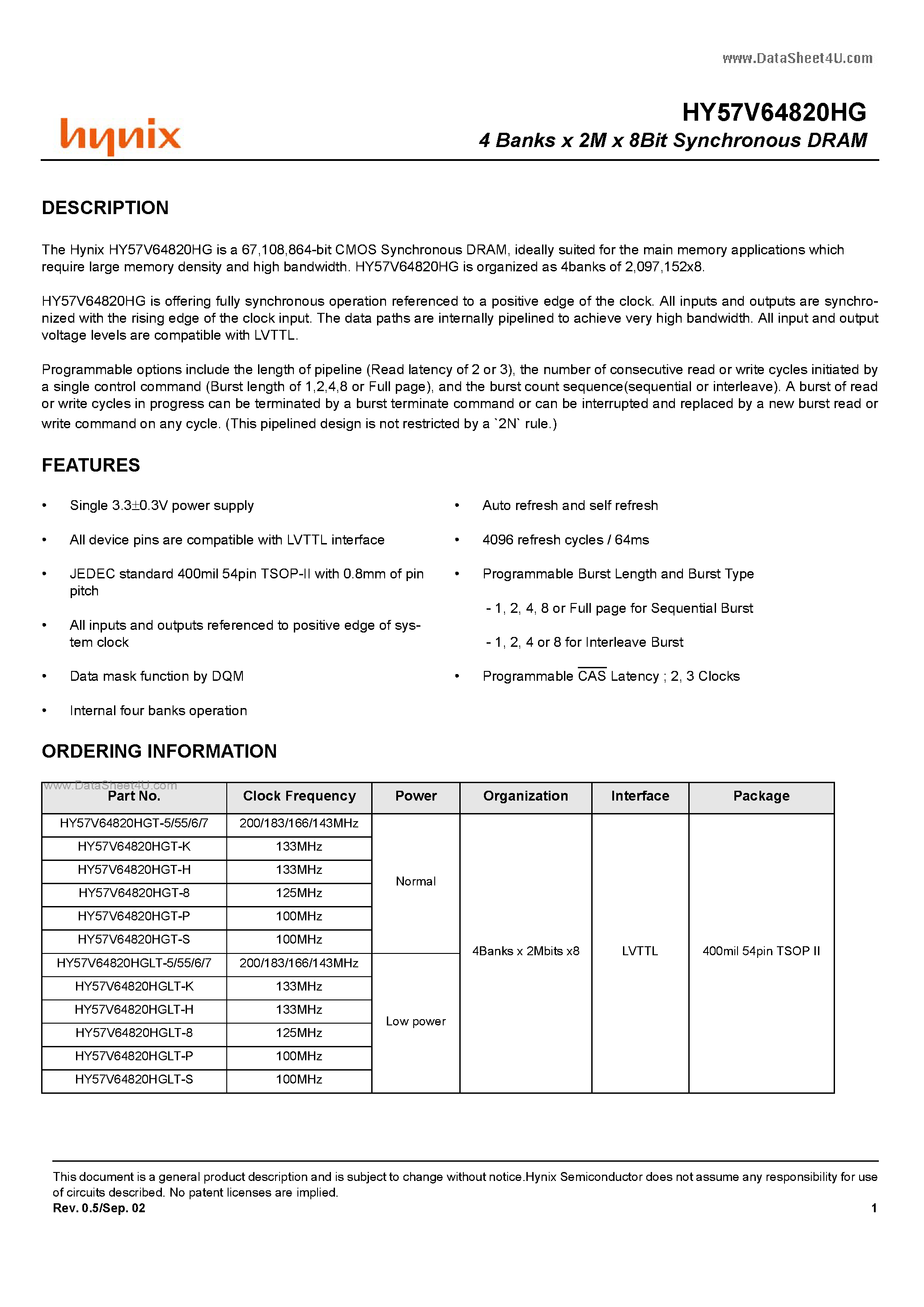 Datasheet HY57V64820HG - 4 Banks x 2M x 8Bit Synchronous DRAM page 1