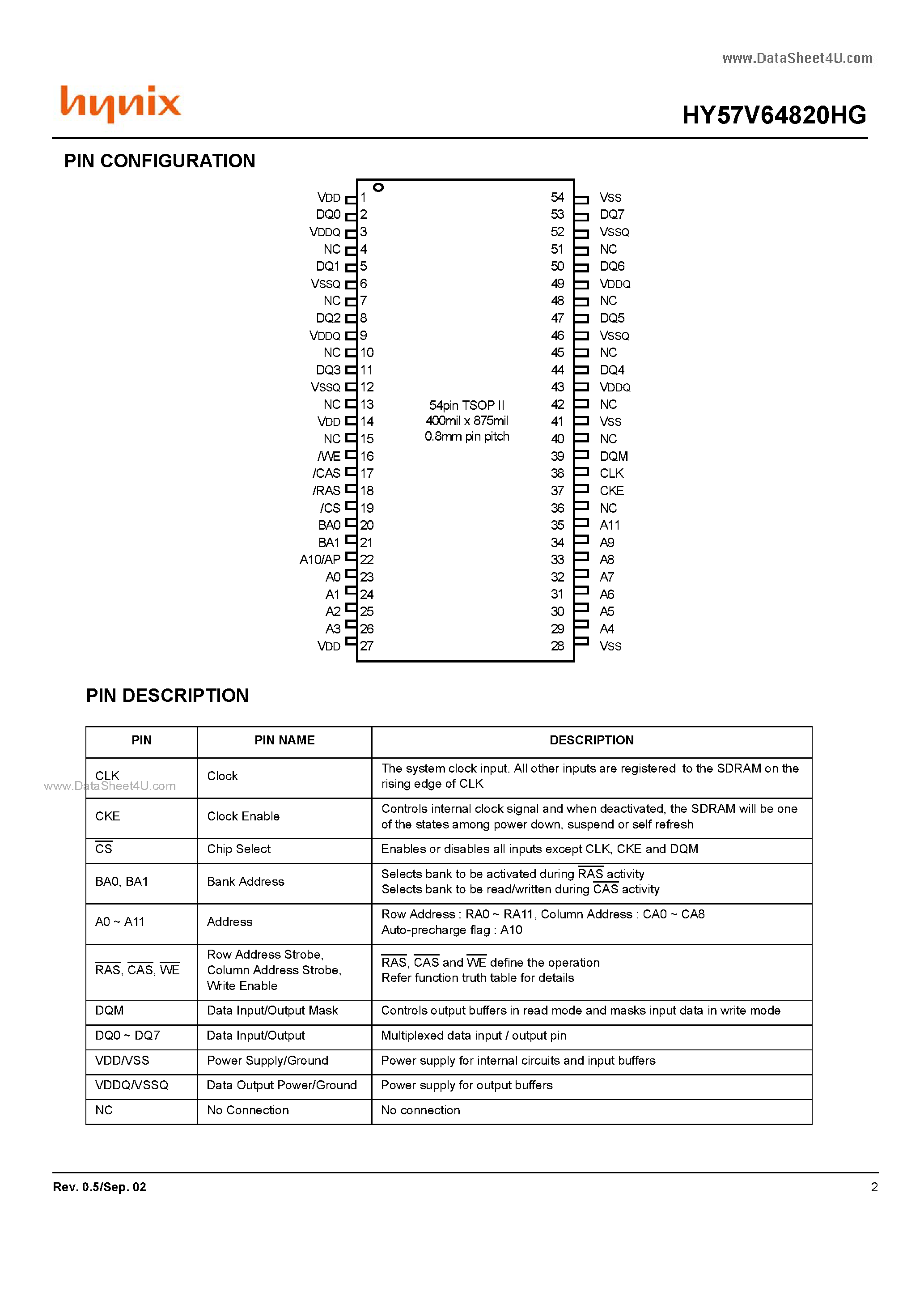 Datasheet HY57V64820HG - 4 Banks x 2M x 8Bit Synchronous DRAM page 2