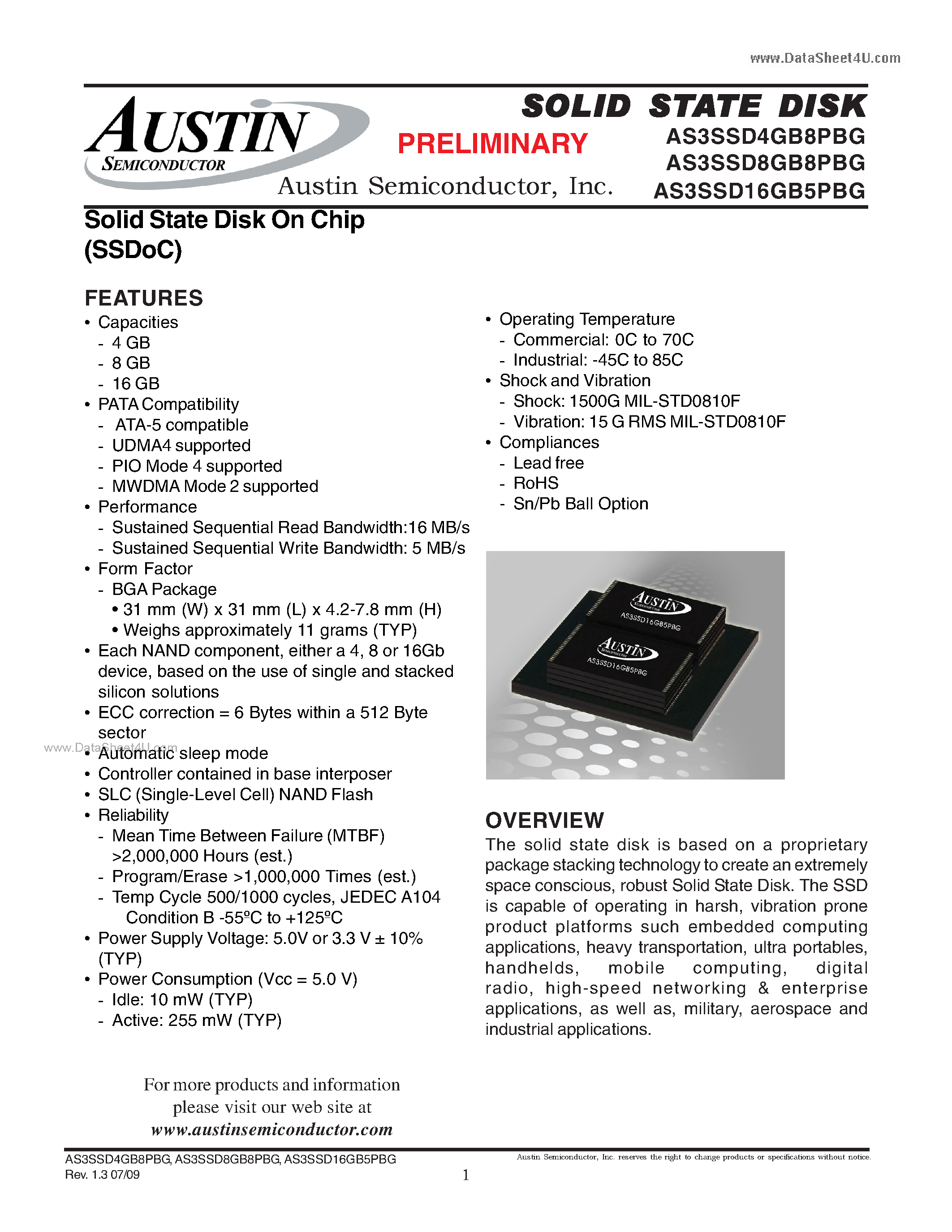 Datasheet AS3SSD16GB5PBG page 1 Datasheet AS3SSD16GB5PBG - Solid State Disk On Chip page 1