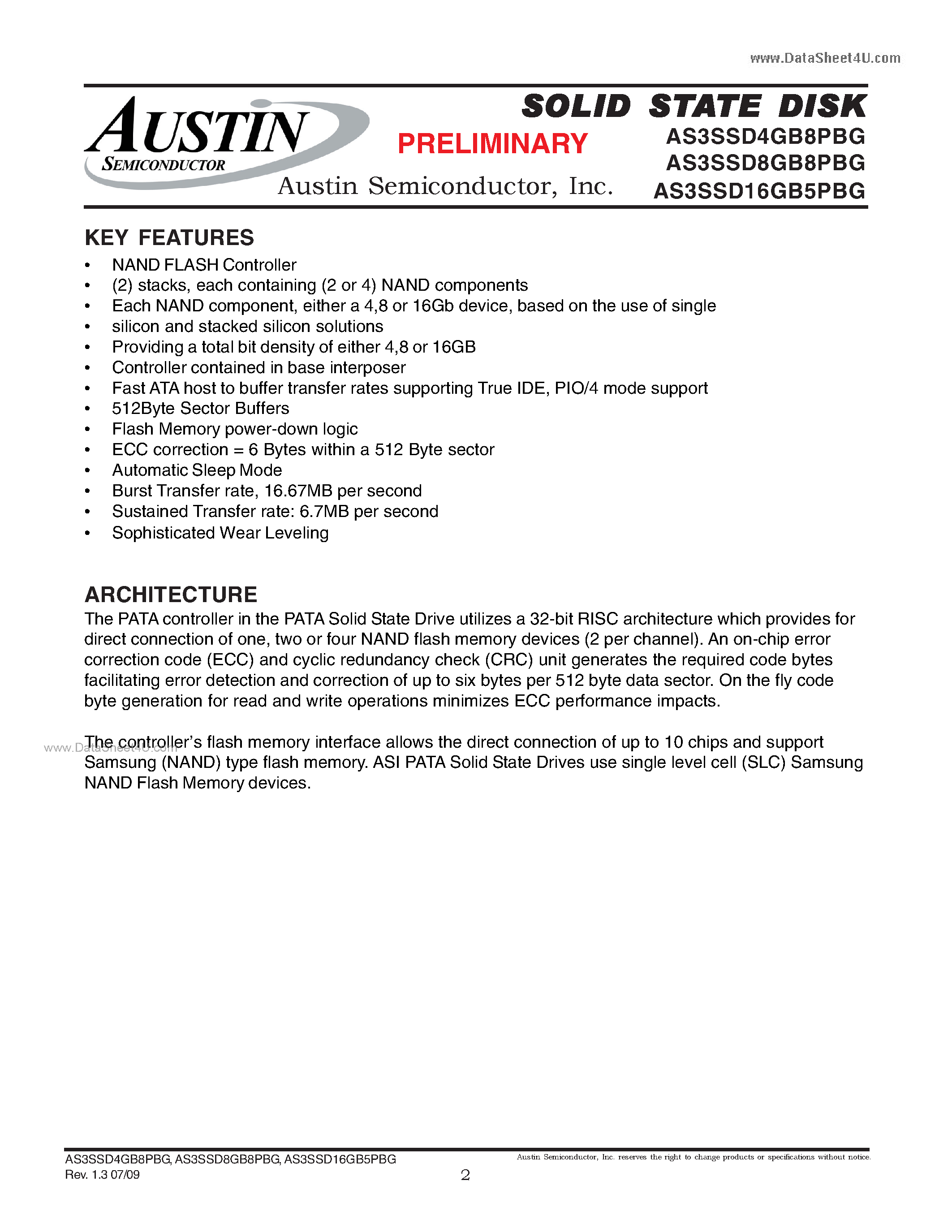 Datasheet AS3SSD16GB5PBG page 2 Datasheet AS3SSD16GB5PBG - Solid State Disk On Chip page 2