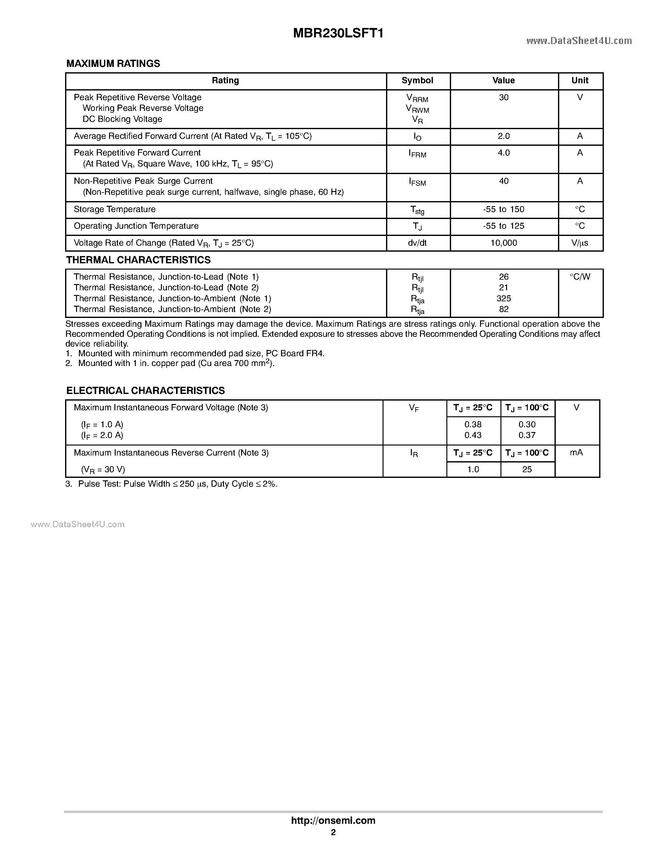 Datasheet MBR230LSFT1 - SCHOTTKY BARRIER RECTIFIER 2.0 AMPERES page 2