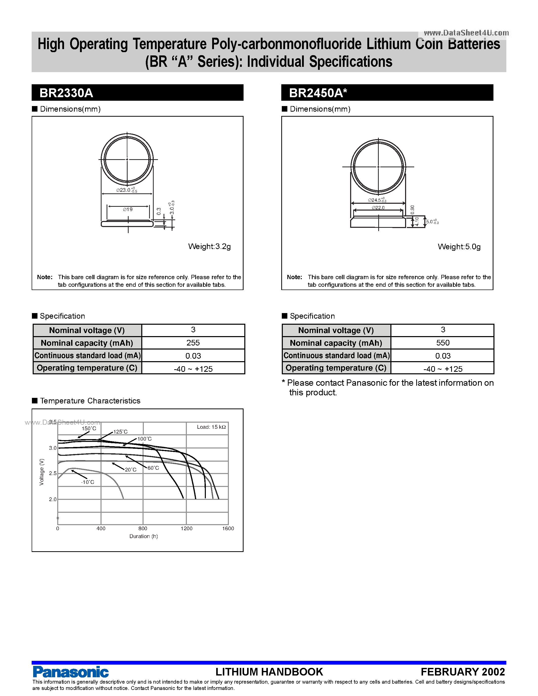 Datasheet BR2330A - High Operating Temperature Poly-carbonmonofluoride Lithium Coin Batteries page 1