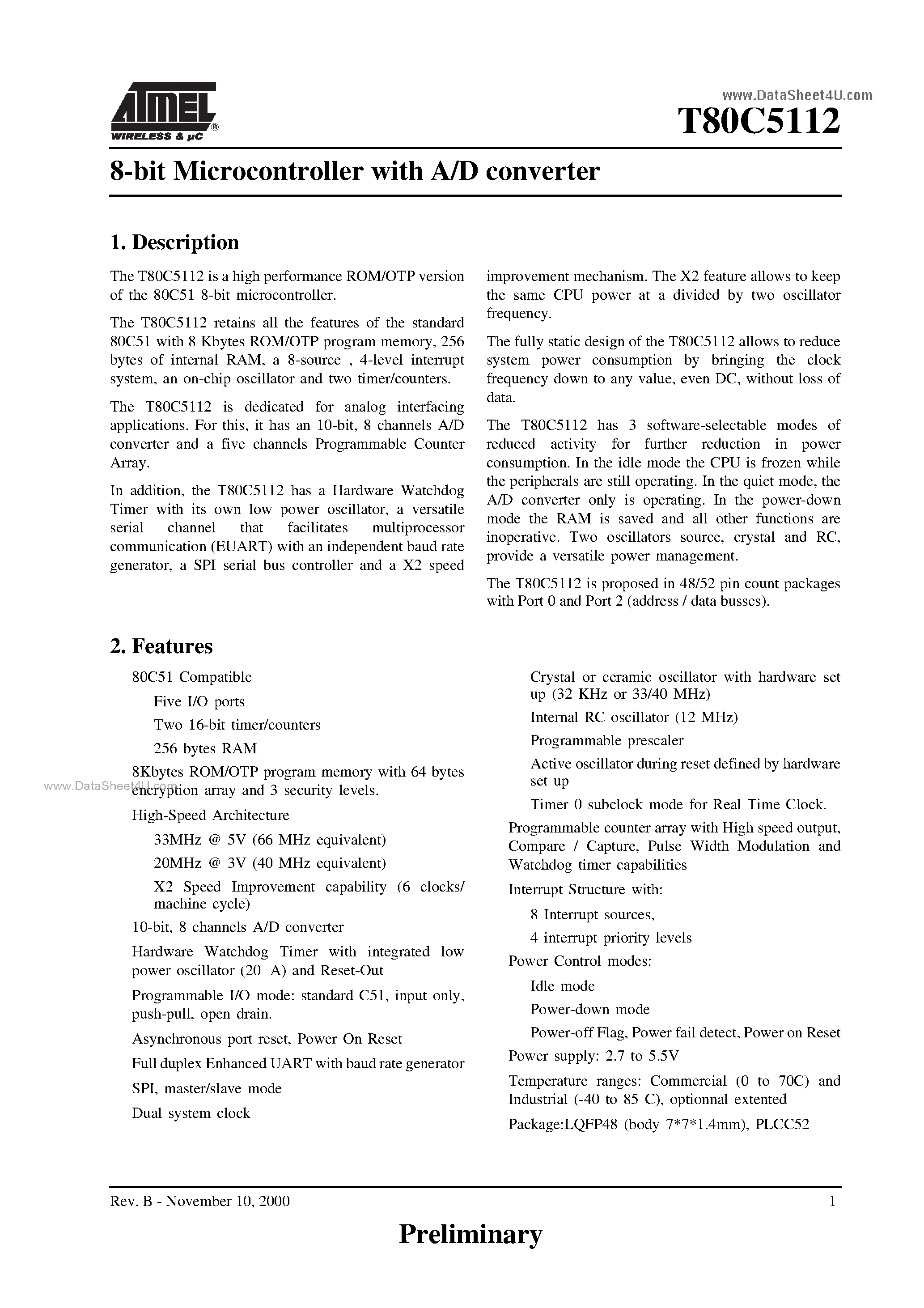 Datasheet T80C5112 page 1 Datasheet T80C5112 - 8-bit Microcontroller page 1
