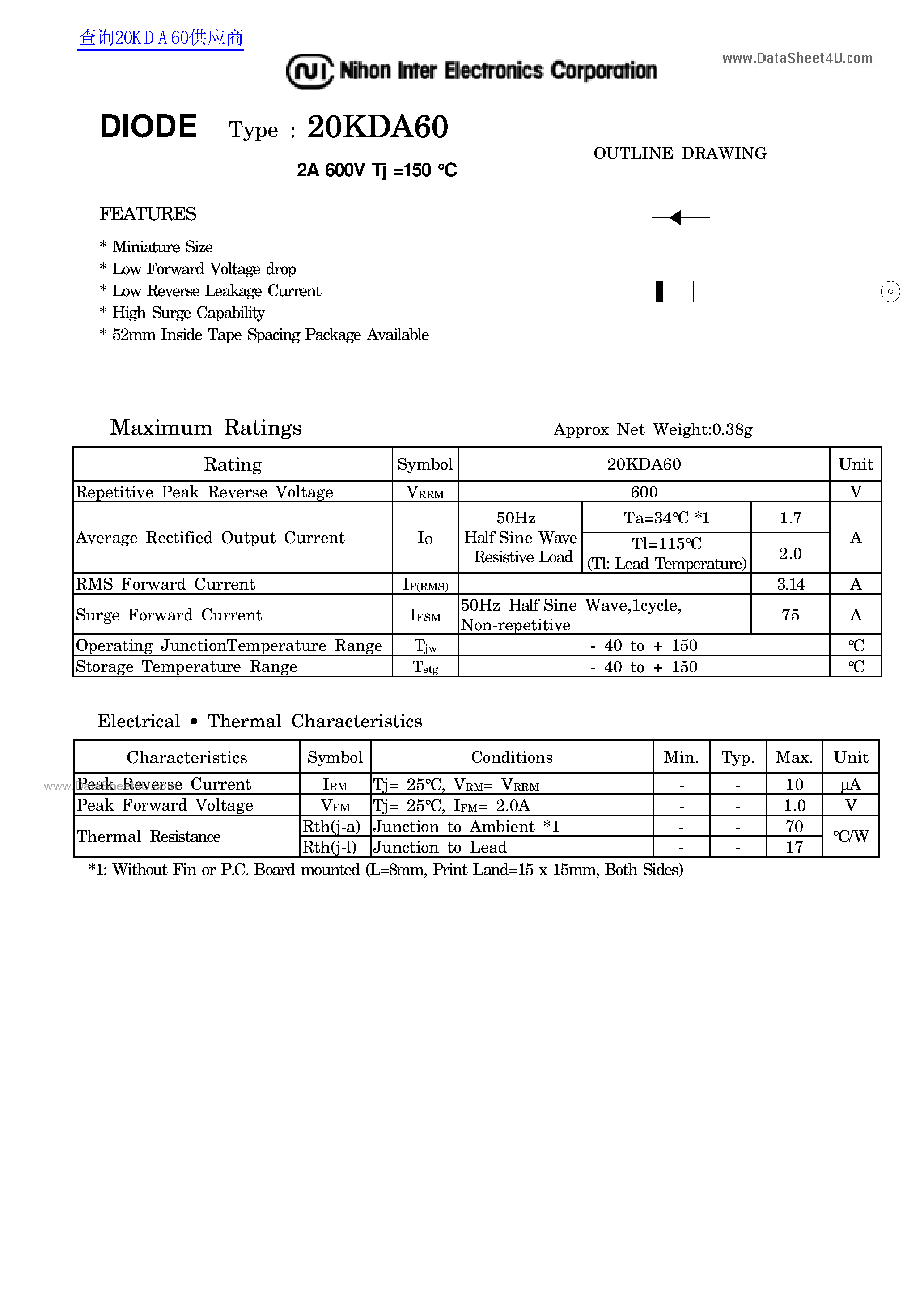 Datasheet 20KDA60 page 1 Datasheet 20KDA60 - DIODE page 1