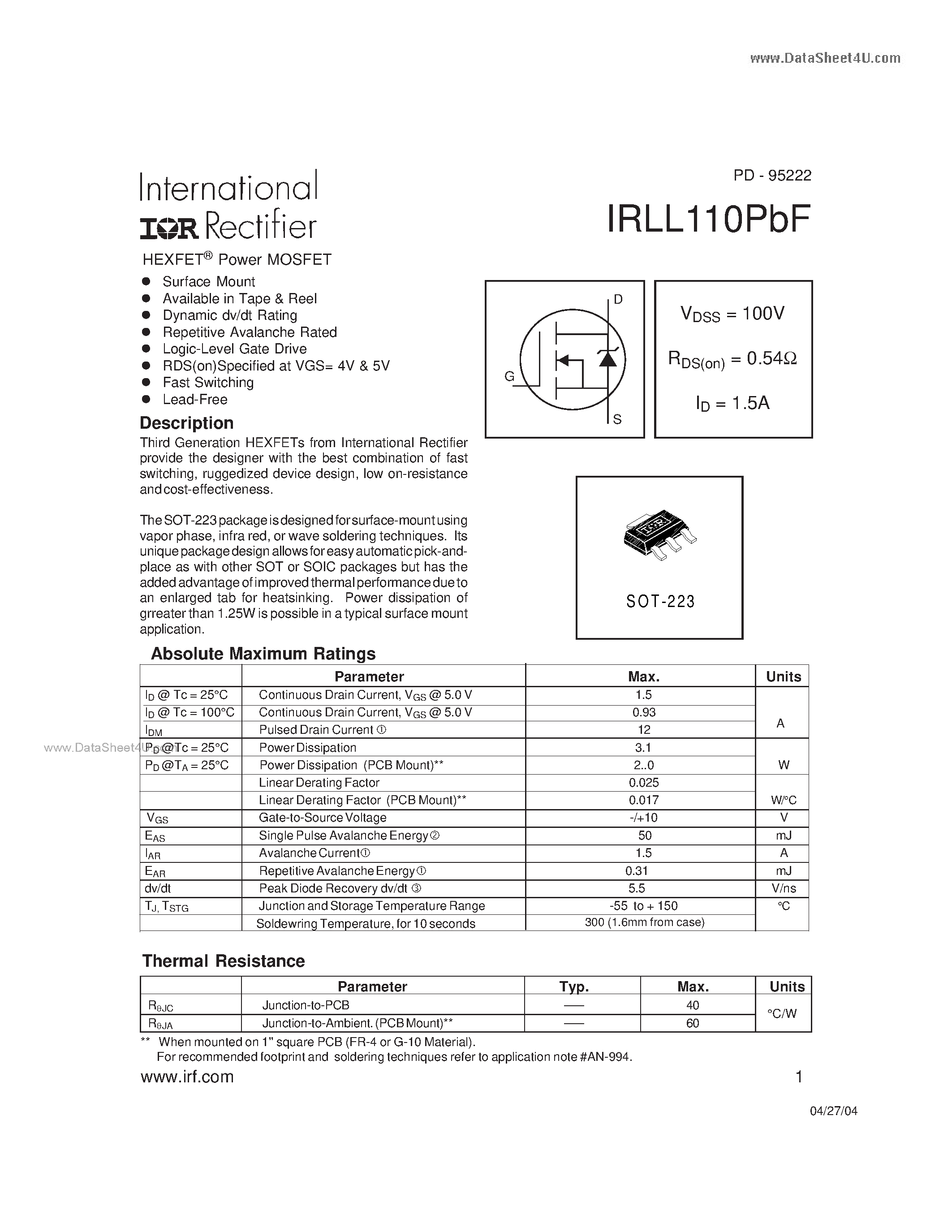 Даташит IRLL110PBF - Power MOSFET страница 1