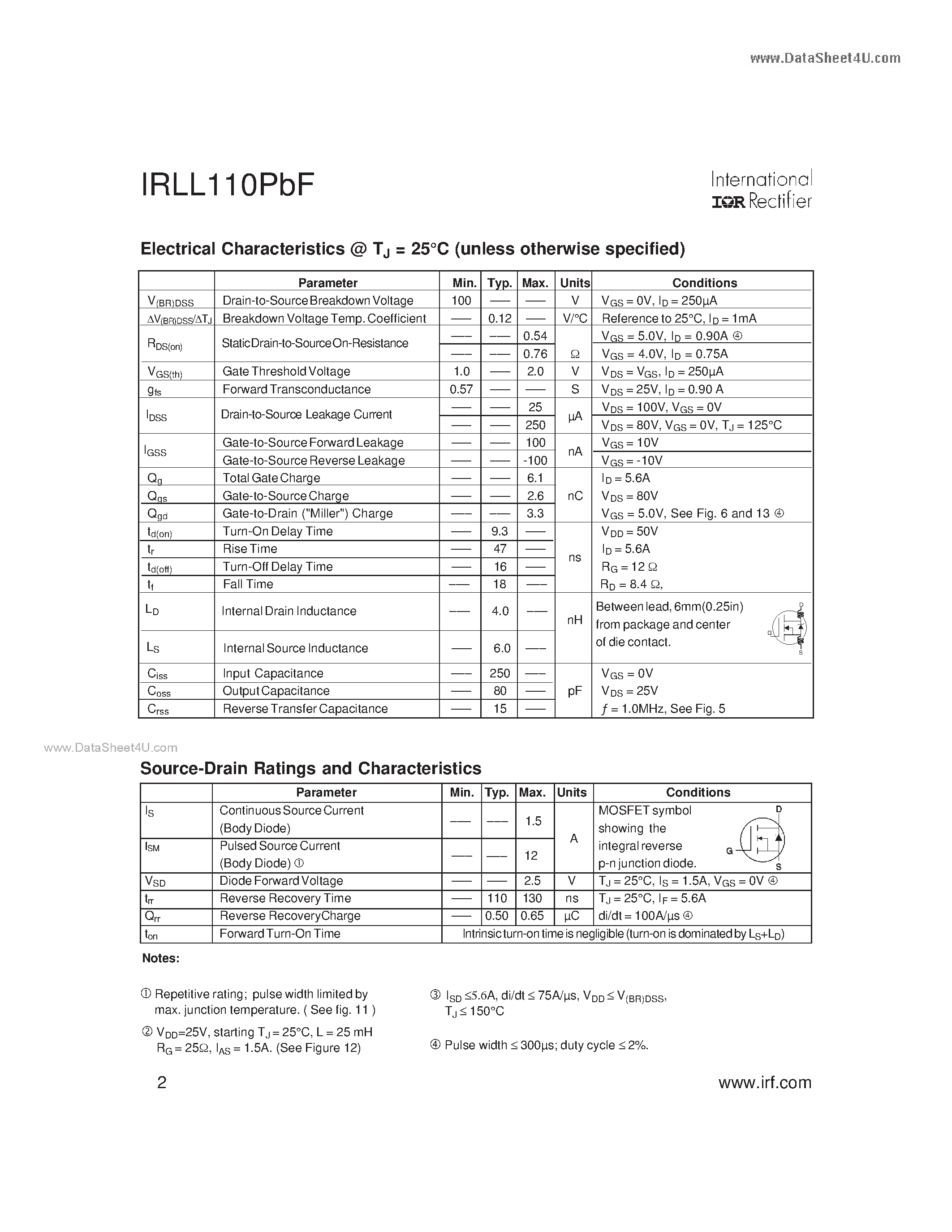 Даташит IRLL110PBF - Power MOSFET страница 2
