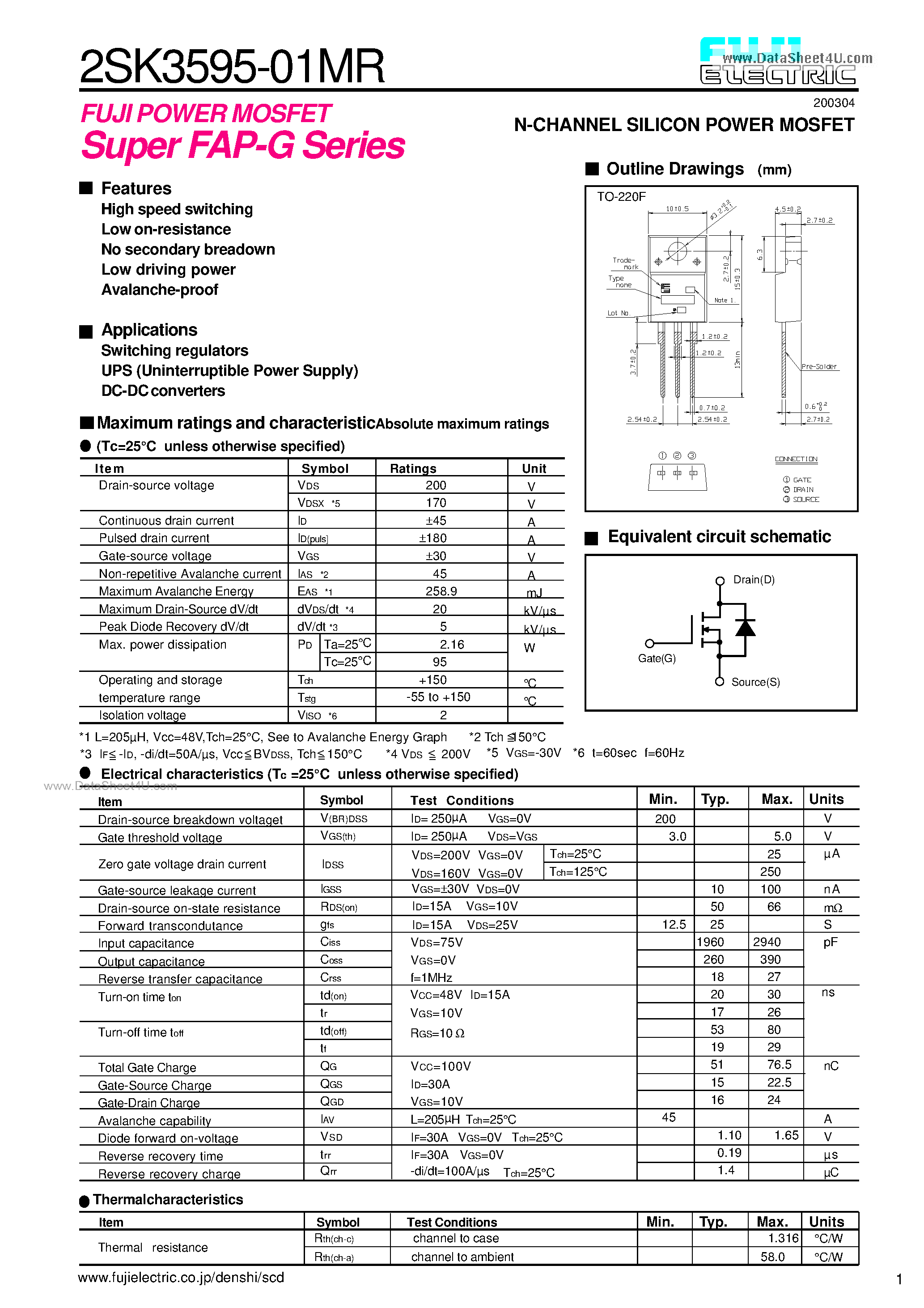 Datasheet 2SK3595-01MR - N-CHANNEL SILICON POWER MOSFET page 1