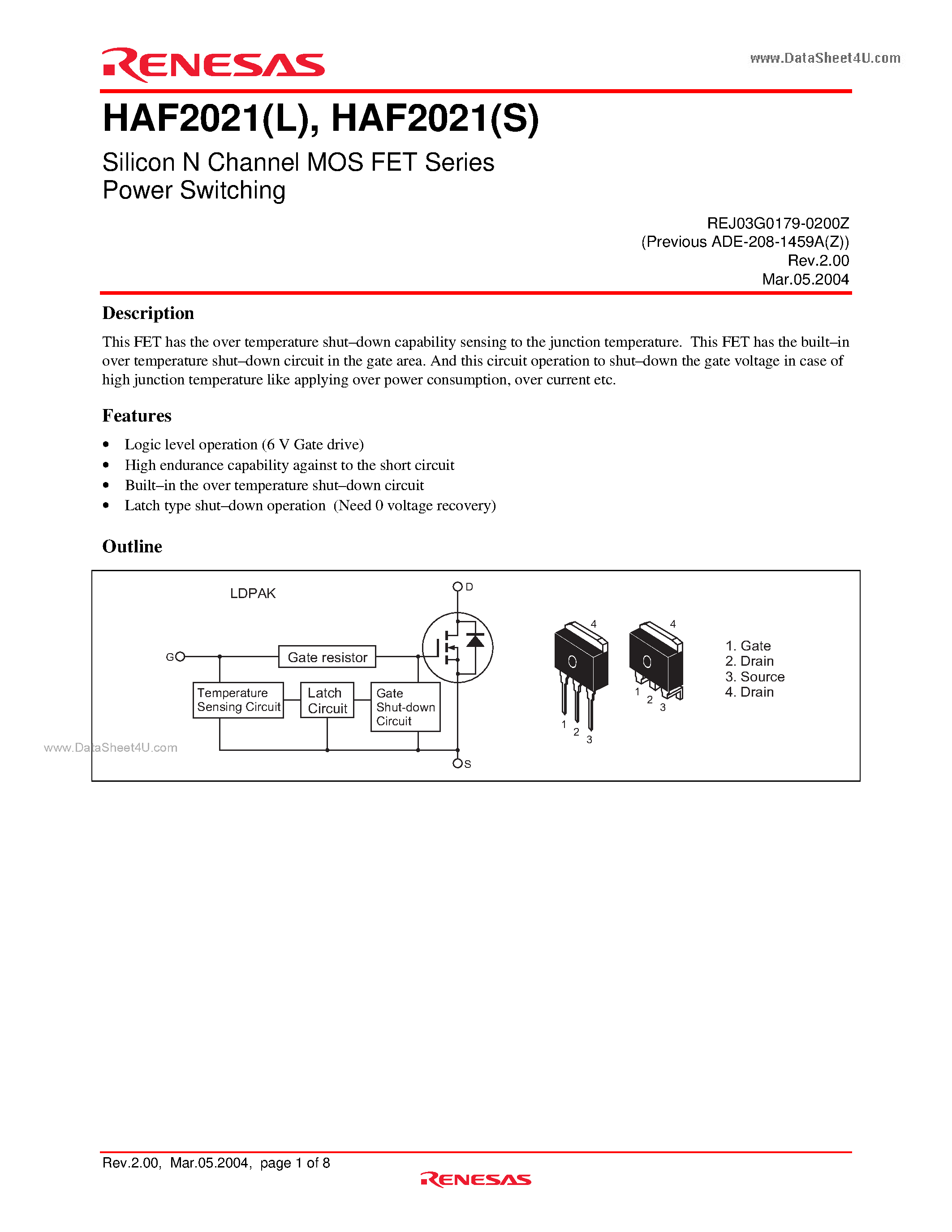 Datasheet HAF2021 page 1 Datasheet HAF2021 - Silicon N Channel MOSFET Series Power Switching page 1