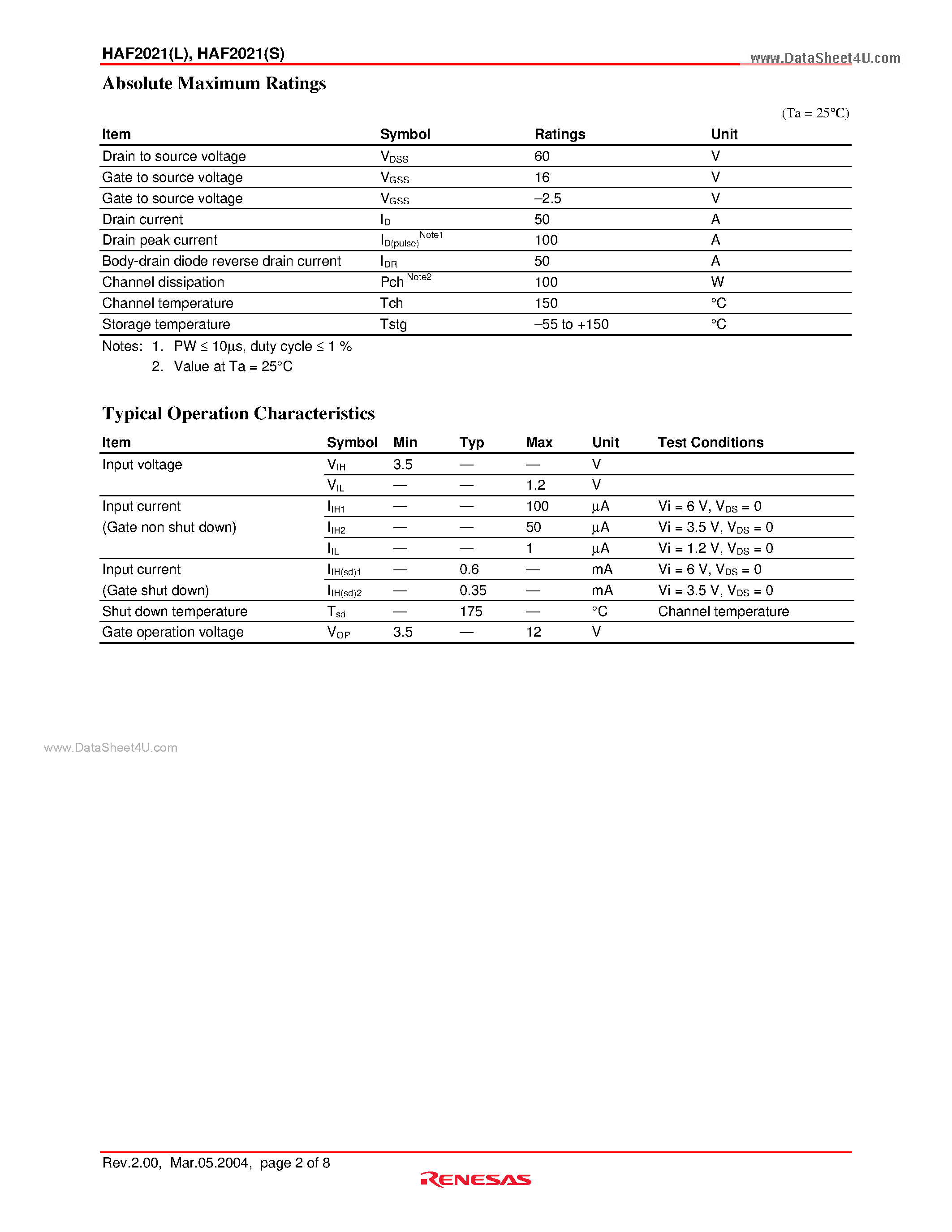 Datasheet HAF2021 page 2 Datasheet HAF2021 - Silicon N Channel MOSFET Series Power Switching page 2