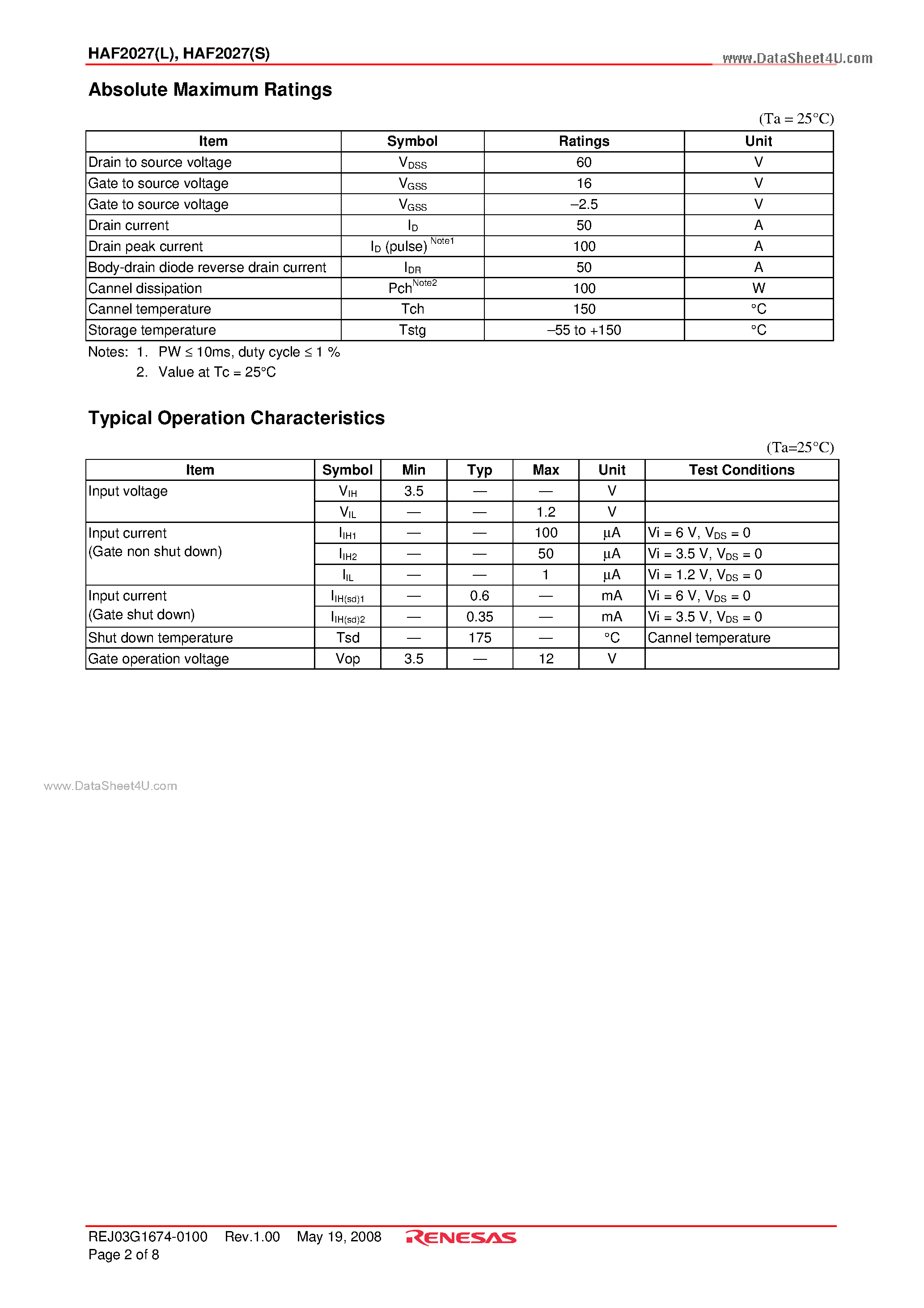 Datasheet HAF2027 page 2 Datasheet HAF2027 - Silicon N Channel Power MOSFET Power Switching page 2