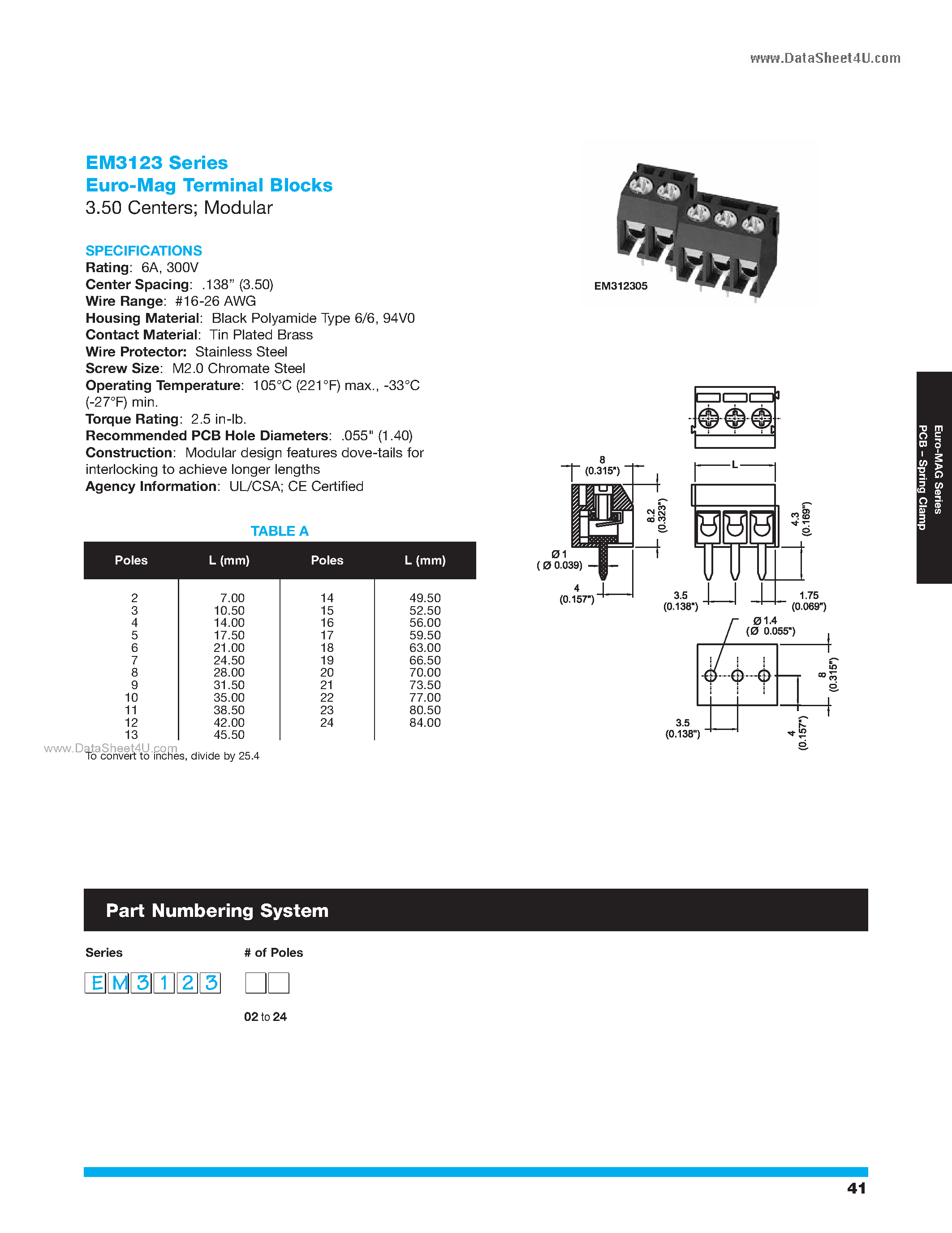 Datasheet EM3123 - Euro-Mag Terminal Blocks 3.50 Centers Modular page 1