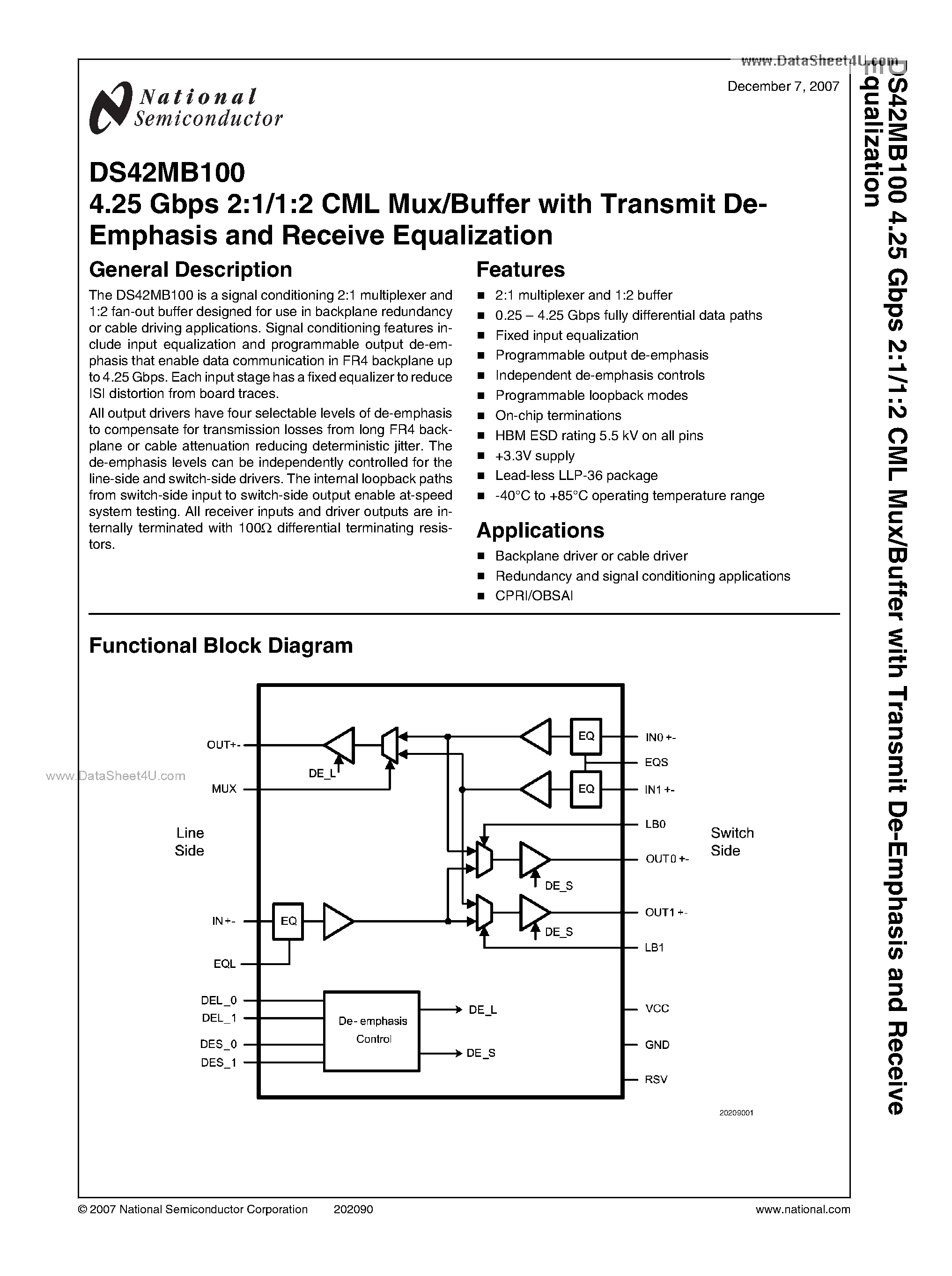 Datasheet DS42MB100 - 4.25 Gbps 2:1/1:2 CML Mux/Buffer page 1